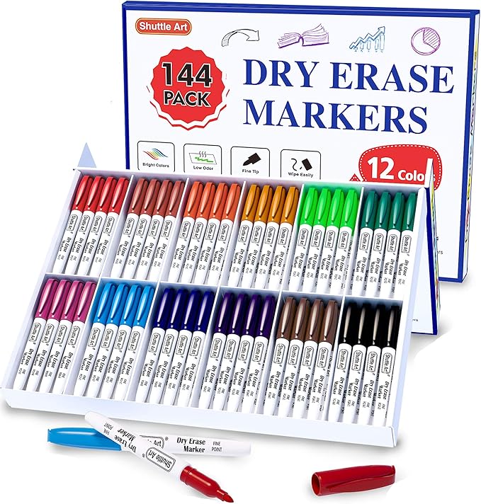 Shuttle Art Dry Erase Markers, 12 Colors 144 Bulk Pack Whiteboard Markers, Fine
