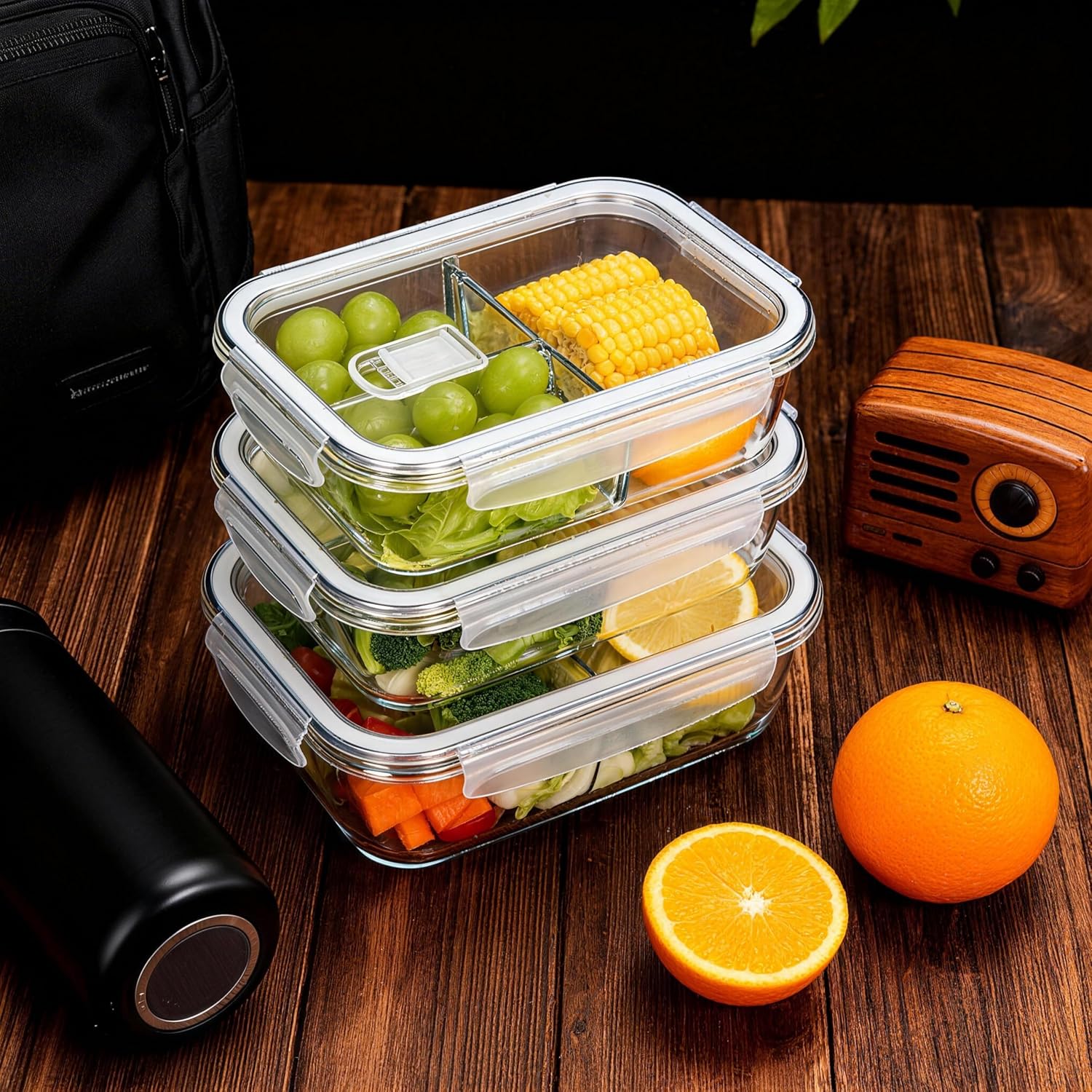 5-Pack Glass Food Storage Containers with Airtight Lids - Bento Box Meal Prep Set, Lunch Containers, Microwave & Dishwasher Safe, White (3 Compartment)
