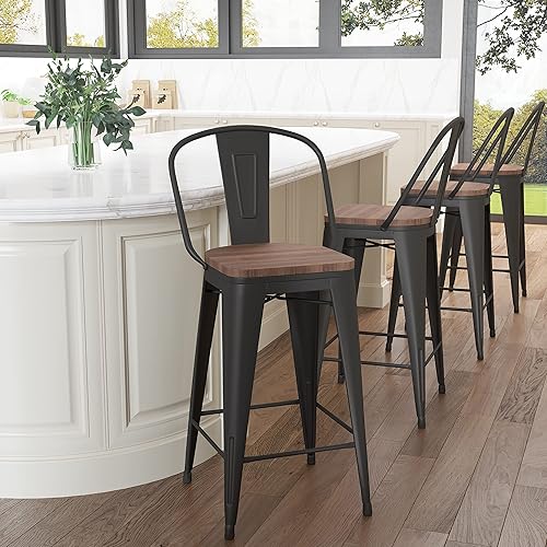 Aklaus Metal Bar Stools Set of 4,26 inch Barstools Counter Height Bar Stool with Backs Farmhouse Bar Stools with Larger seat High Back Kitchen