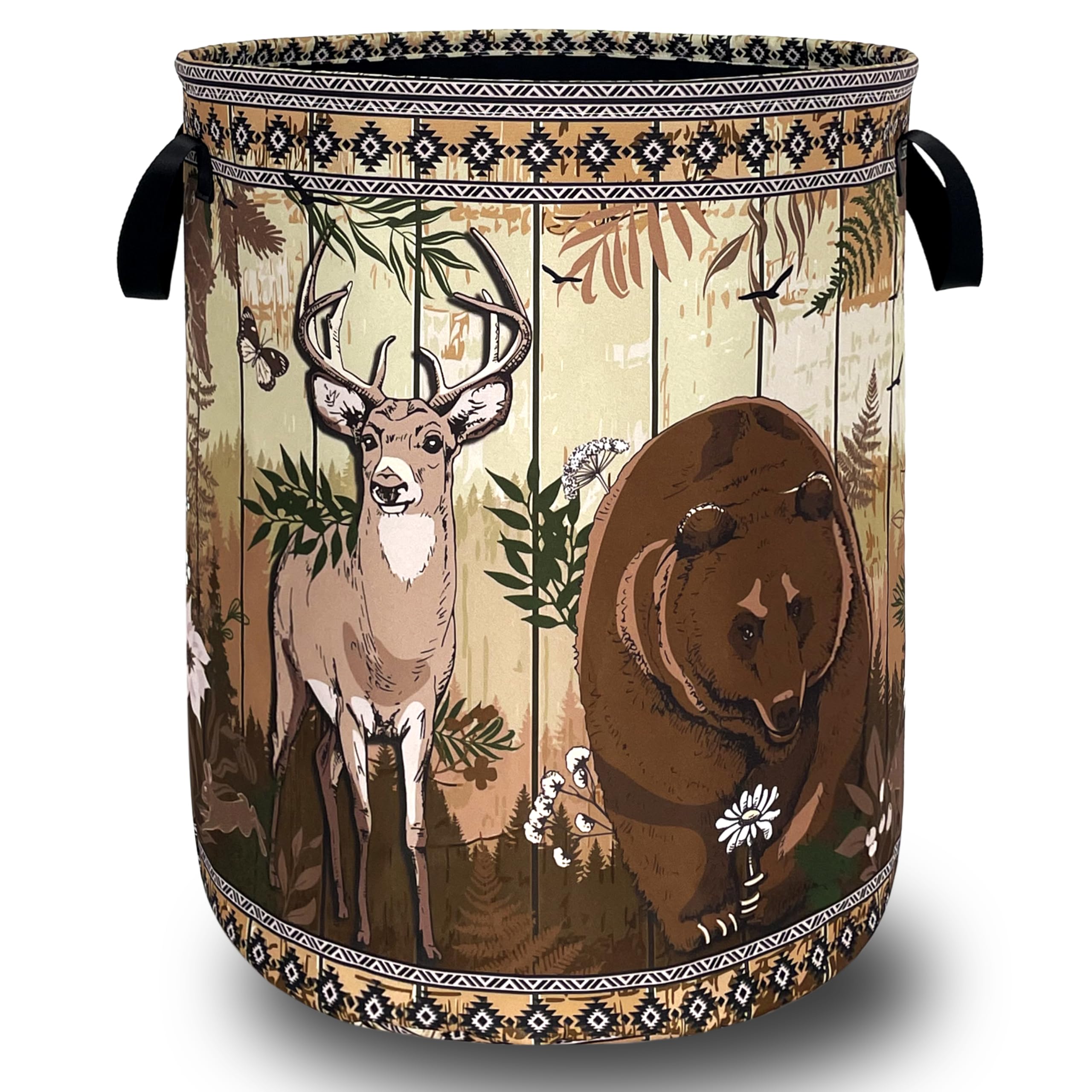 Funny Laundry Basket Oxford Cloth Forest Animal Bear and Deer Laundry Hamper With Handle Foldable Portable Clothes Storage Basket Colorful Laundry Bag