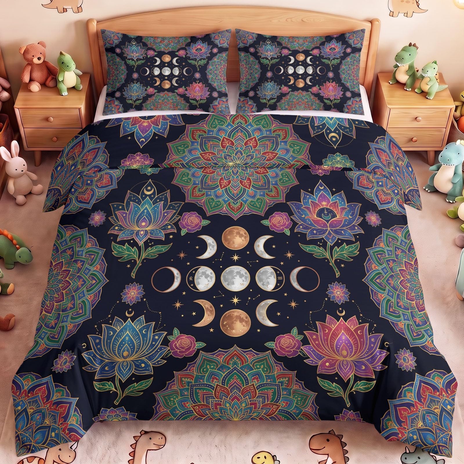 Moon Lotus Mandala - Juego de funda de edredón para cama doble (200 x 200