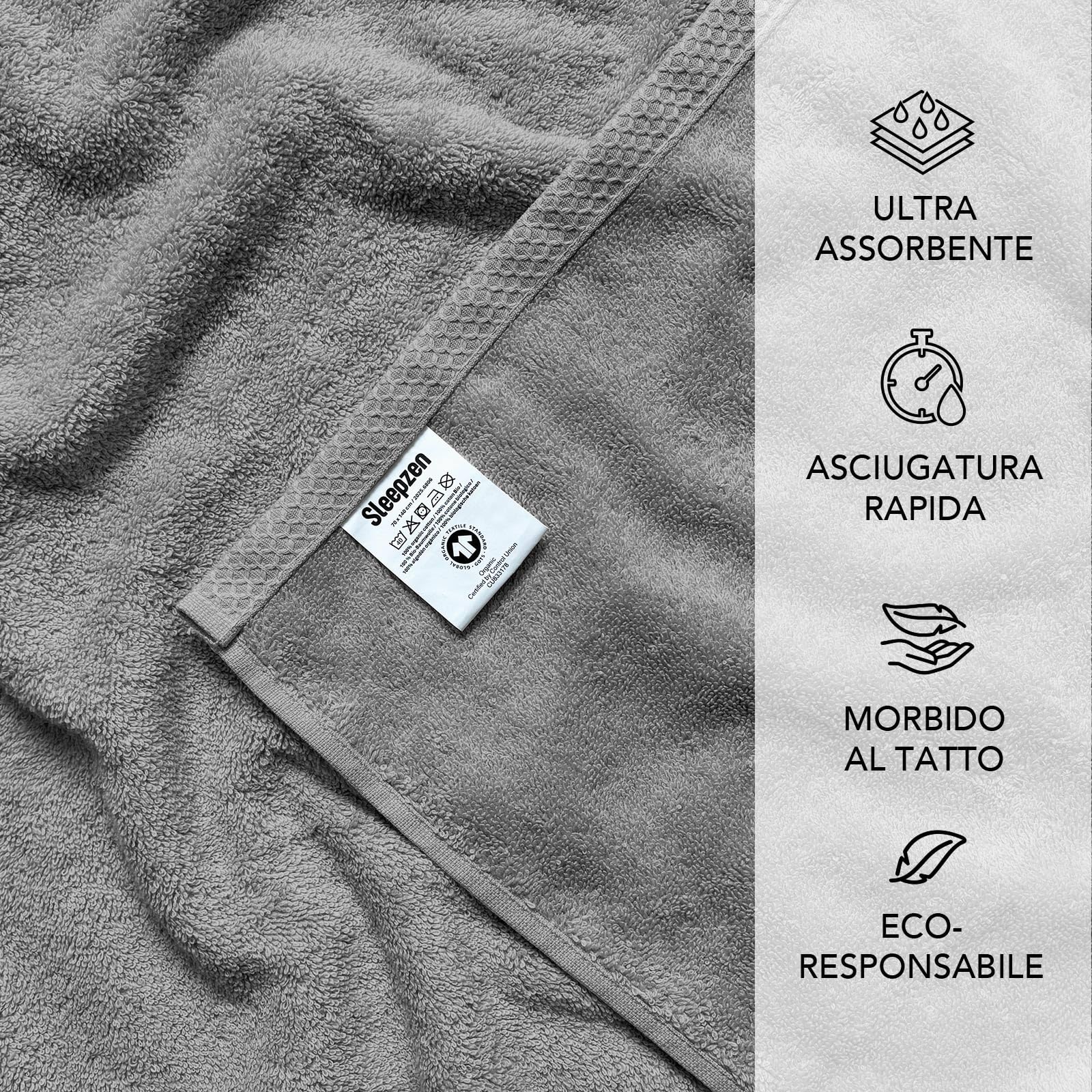 SLEEPZEN - Set di Asciugamani da Bagno (2x 50x100 + 2x 70x140 - Grigio Perla) Cotone Biologico GOTS - 500 GSM - Ultra Assorbenti - Morbidissimi - Prodotto in Portogallo - Certificato Oeko-Tex