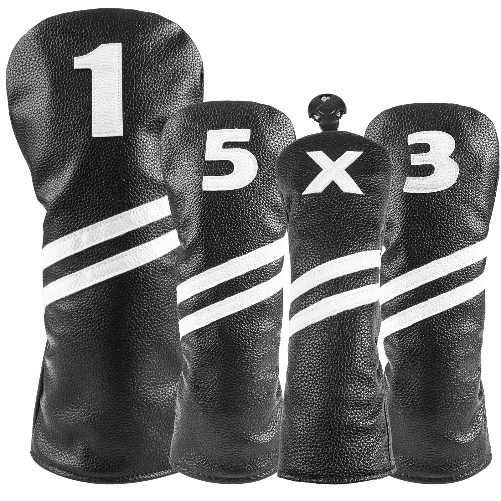 FINGER TEN Golf Club Head Covers Wood 1 3 or 4 Pcs for Driver Fairway Hybrid, PU Leather Covers with Printed Number & Elastic Band Snug Fit Most Clubs for Men Women (Black-4 Head Covers(1,3,5,X))