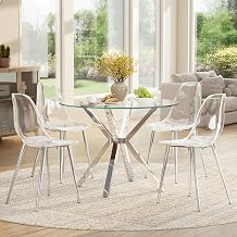 Baysitone Modern 5-Piece Dining Room Set, 35.4" Round Clear Glass Table with 4 Clear Acrylic Chairs, Mid-Century Dining Set for Small Kitchen, Apartment, Breakfast NookSilver