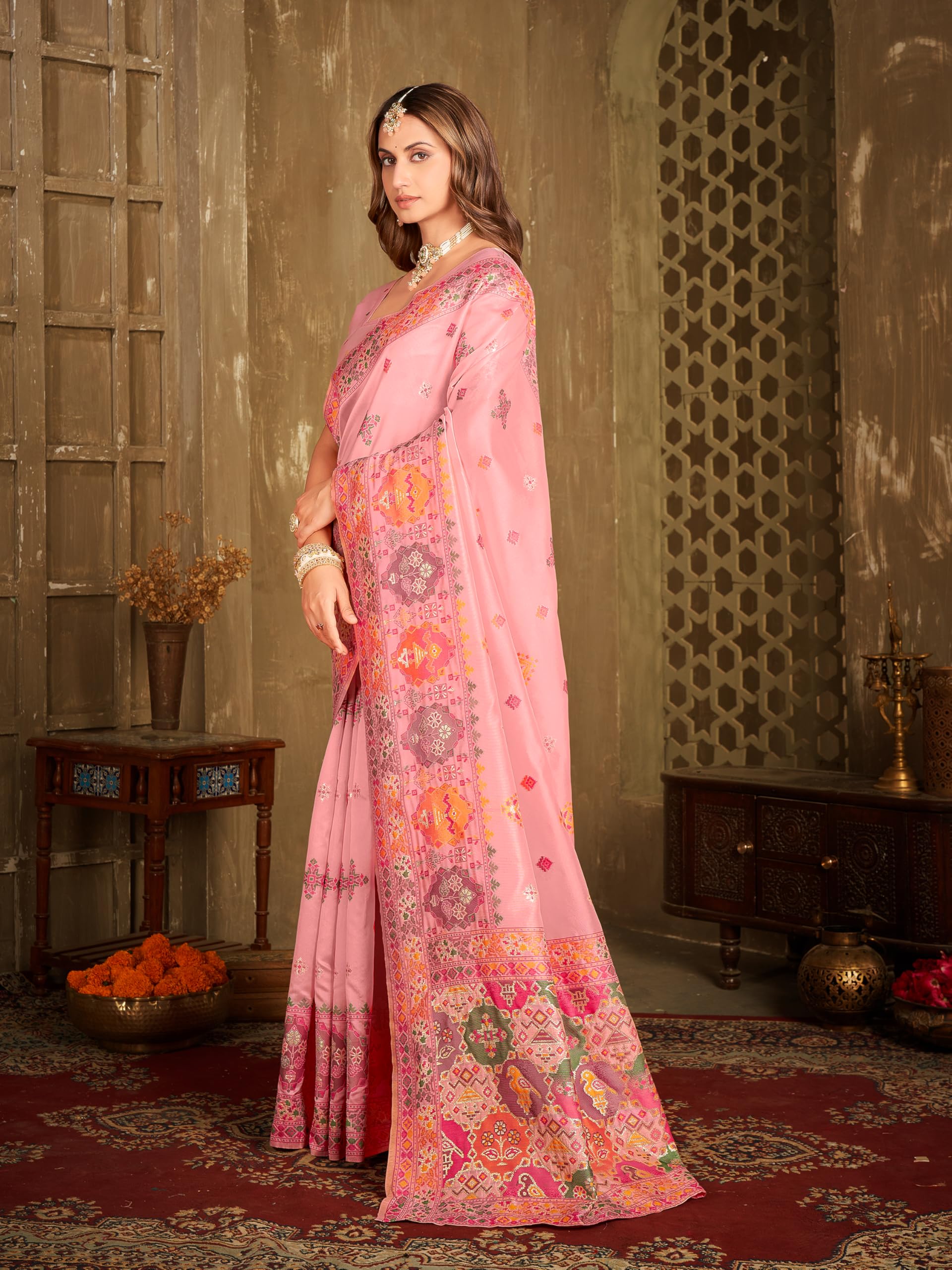 Glory Sarees Women's Kashmiri Pashmina Cotton Silk Saree With Blouse Piece (Purekashmiripashmina101_Pink)