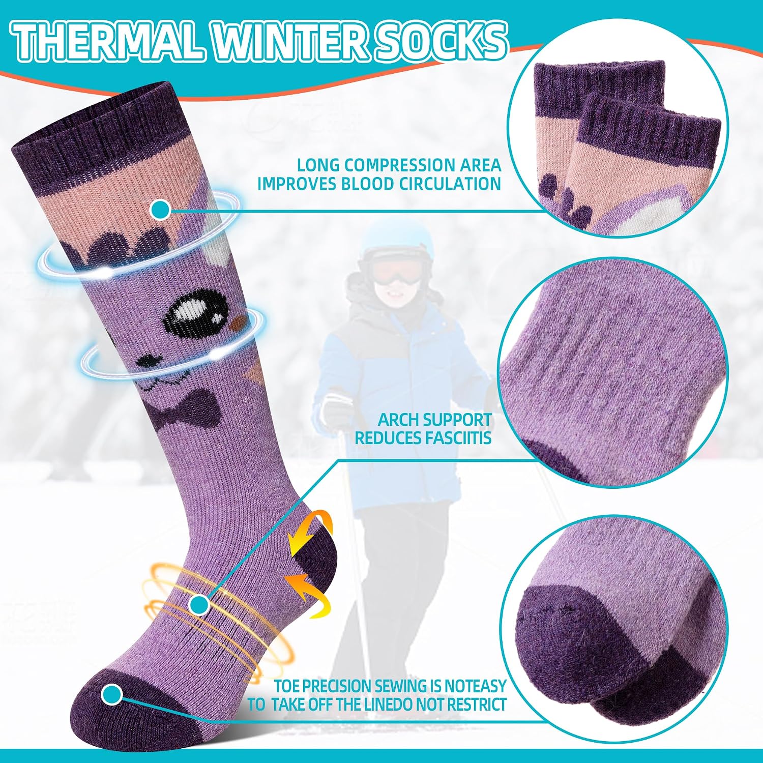 Velice Kids Merino Wool Ski Socks 3 Pairs Boys Girls Thermal Thick Warm Winter Cozy Boot Socks for Skiing Snowboarding