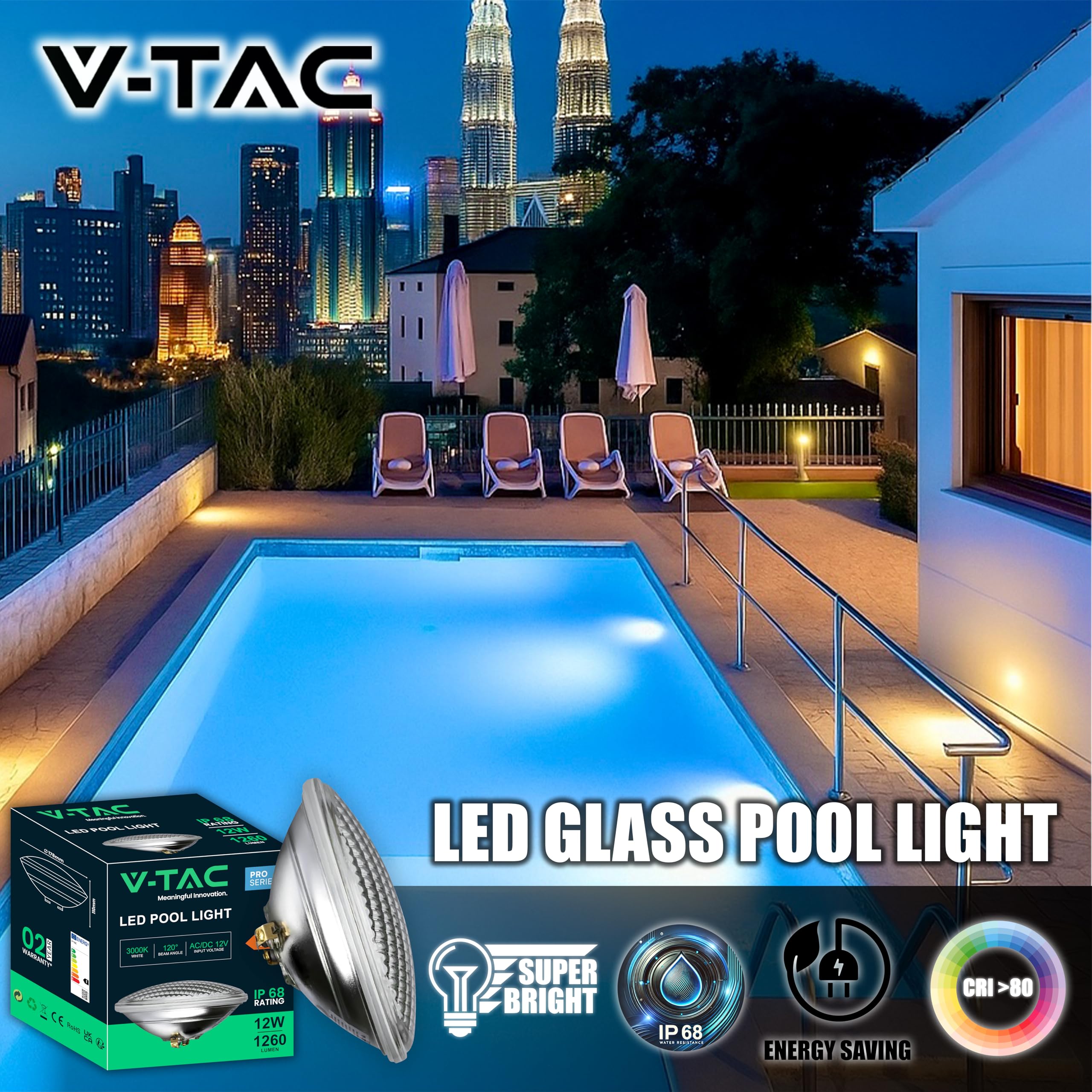 V-TAC Lampada Led da Piscina 12W - PAR56 - Lampada in Vetro Antiurto per Illuminazione Piscine e Fontane - 1260 Lumen - Luce Subacquea - Risparmio Energetico - IP68 - Luce Calda
