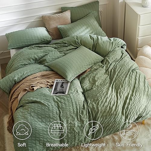 Miniatura 2 de JELLYMONI Juego de funda de edredón verde oscuro, tamaño King, juego de cama de microfibra lavada de 3 piezas, suave y transpirable, juego de funda