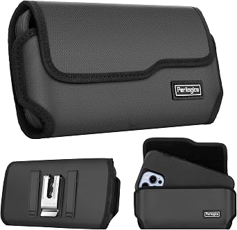 Perilogics Horizontal Belt Holster for iPhone 17 Pro Max, 17 Light, 16 Plus, 16 Pro Max, 15 Pro Max, 14 Pro Max. Magnetic Closure, Metal Belt Clip, New Twill Fabric, EVA Padding. Fits Bulky Case