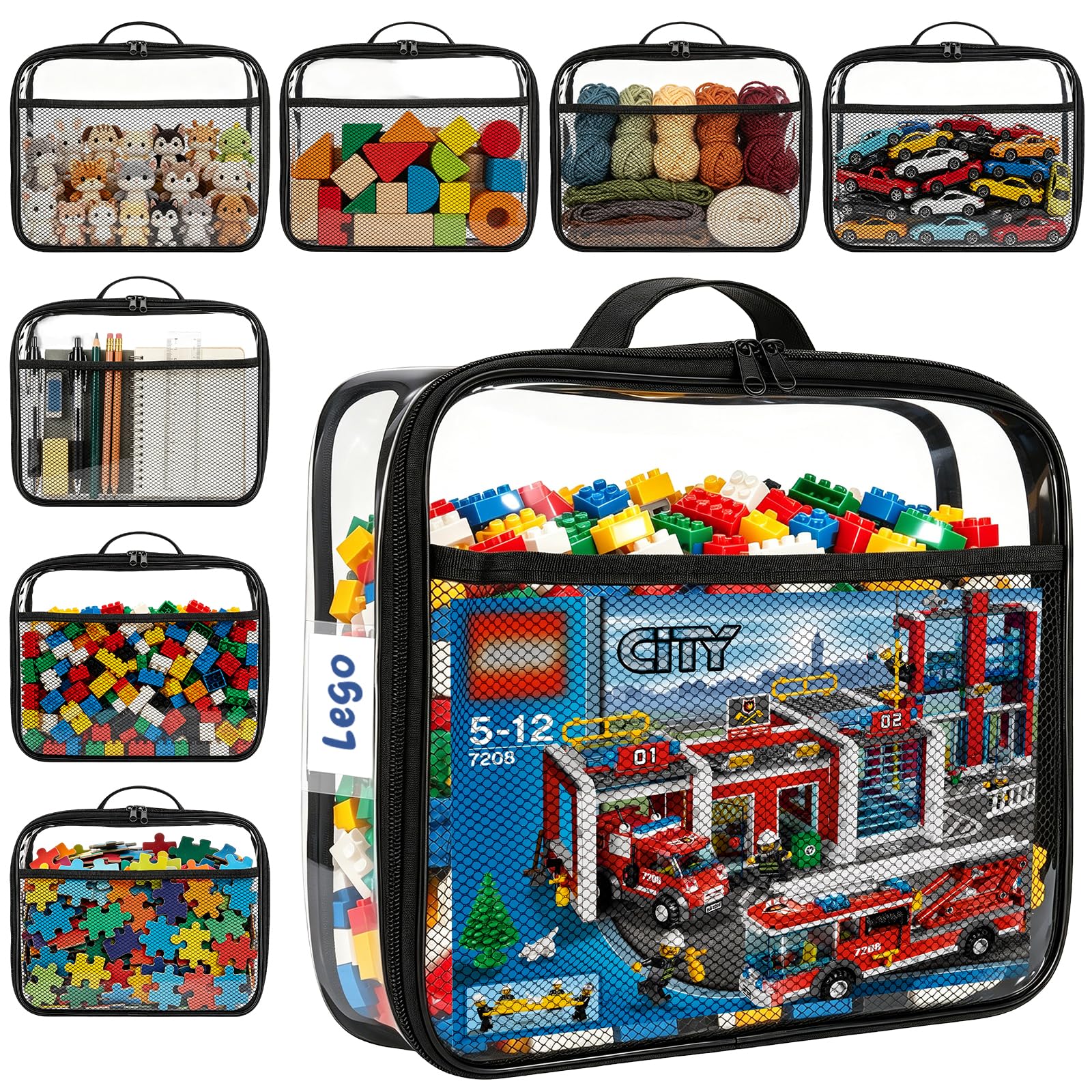Confezione da 8 organizer per giocattoli, in PVC trasparente, con cerniera, impermeabili, riutilizzabili, per puzzle, blocchi da costruzione, giochi da tavolo, cancelleria, libri per bambini (grande