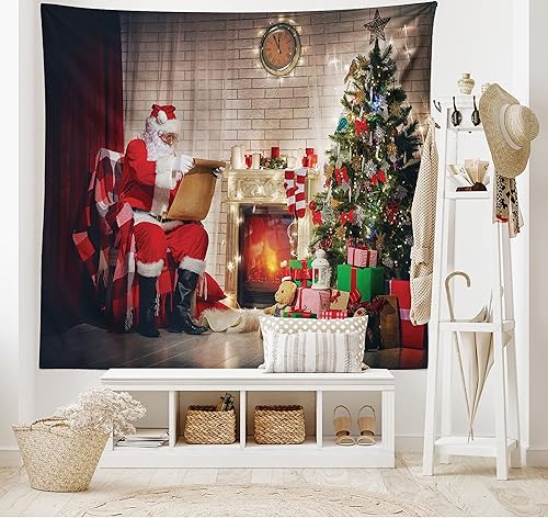 Miniatura 2 de Ambesonne Tapiz de Papá Noel, viejo Papá Noel sentado en casa en la noche de Navidad, leyendo una carta cerca del árbol, colgante de pared ancho