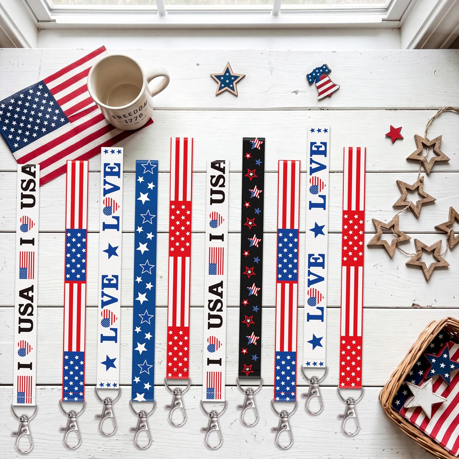Moon Boat 60Pcs 4th of July Lanyard Keychains Bulk Patriotic Red White Blue Gifts Accessories for Independence Day Party Favors Supplies