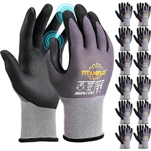 TitanFlex Work Gloves Microfoam Nitrile Coated Men Women-12 Pairs, Safety Warehouse Gloves Mens Working Glove with Grip Heavy Duty, Touchscreen, Seamless Knit Nylon for Automotive, Garden (Medium)