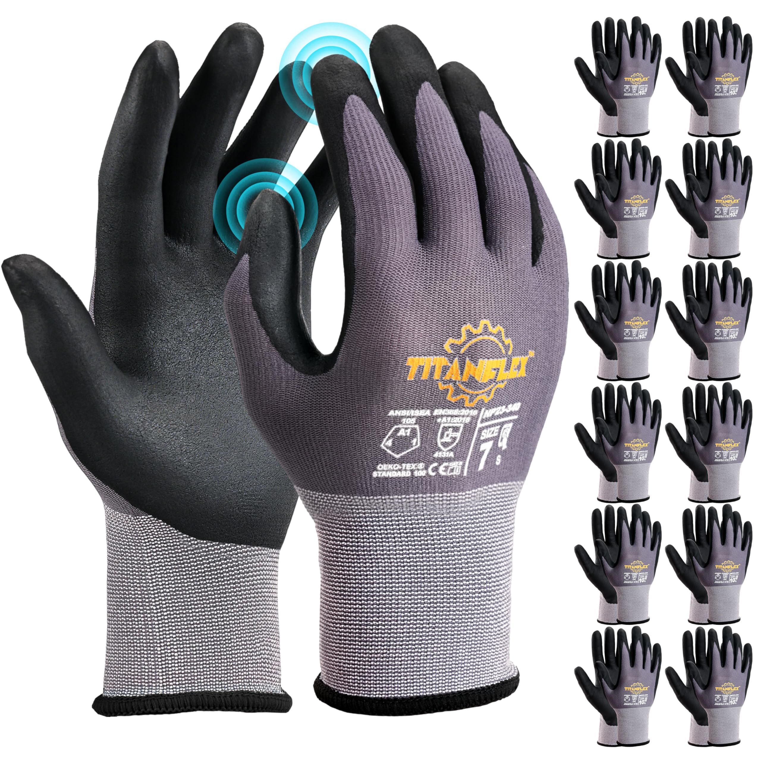 TitanFlex Work Gloves Microfoam Nitrile Coated Men Women-12 Pairs, Safety Warehouse Gloves Mens Working Glove with Grip Heavy Duty, Touchscreen,