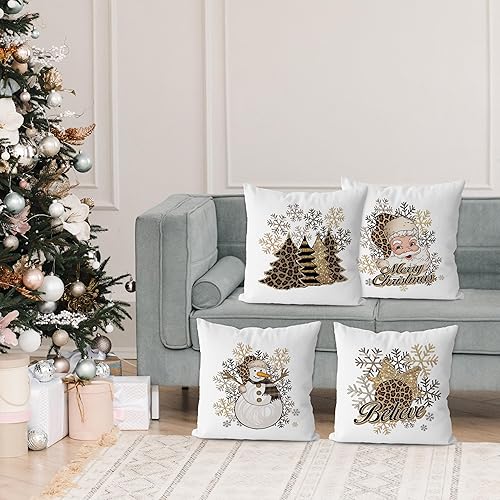 Miniatura 3 de KEUSPI Juego de 4 fundas de almohada decorativas con estampado de leopardo retro, árbol de Navidad, Papá Noel, muñeco de nieve, copos de nieve, 18 x