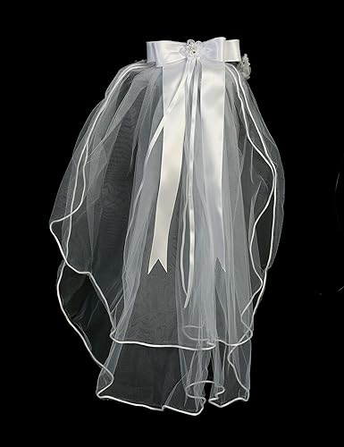 Miniatura 6 de Swea Pea & Lilli - Velo de primera comunión para niñas, tocado blanco para la primera comunión con diadema, flores de organza con diamantes de