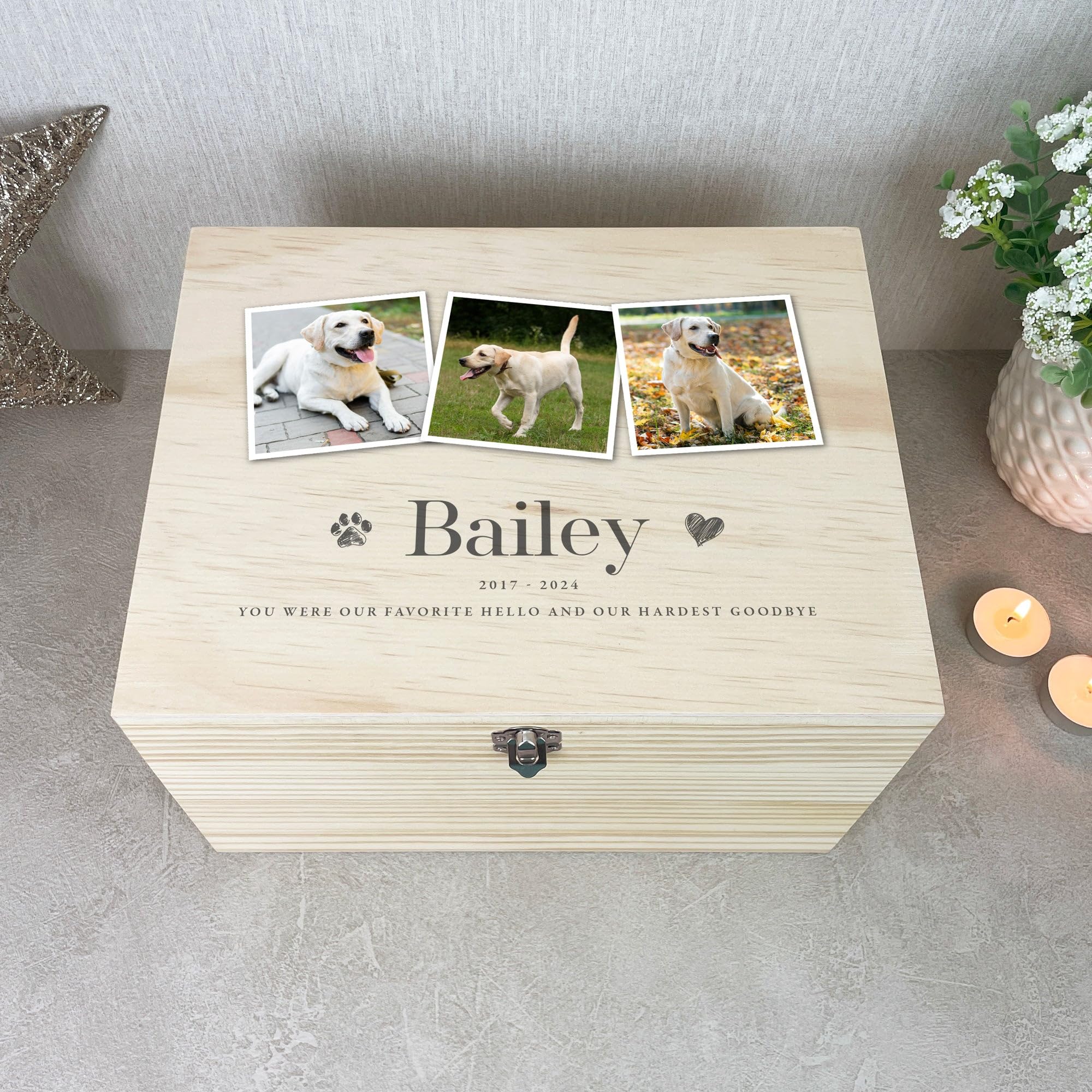 Scatola commemorativa per animali domestici, in legno, con tre foto, personalizzabile con nome, date e dedica, regalo per la commemorazione di cani o gatti, in legno di pino con cerniere e chiusura in