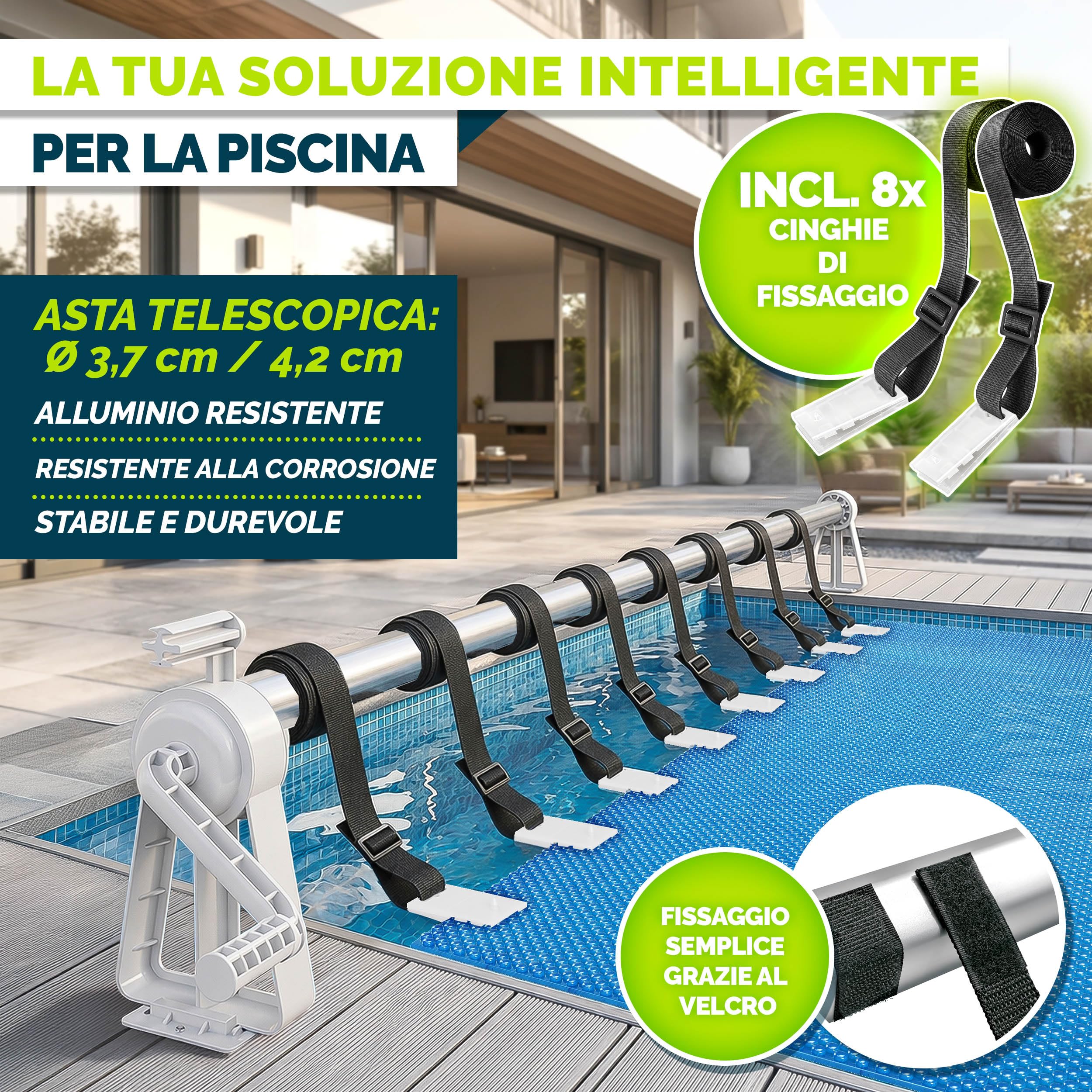 tillvex Rullo Avvolgitore per Telo da Piscina 1,05-6,15 m con termometro | Sistema di avvolgimento per Teli solari | Dispositivo di avvolgimento per Teli per Piscina e coperture incl. Nastri