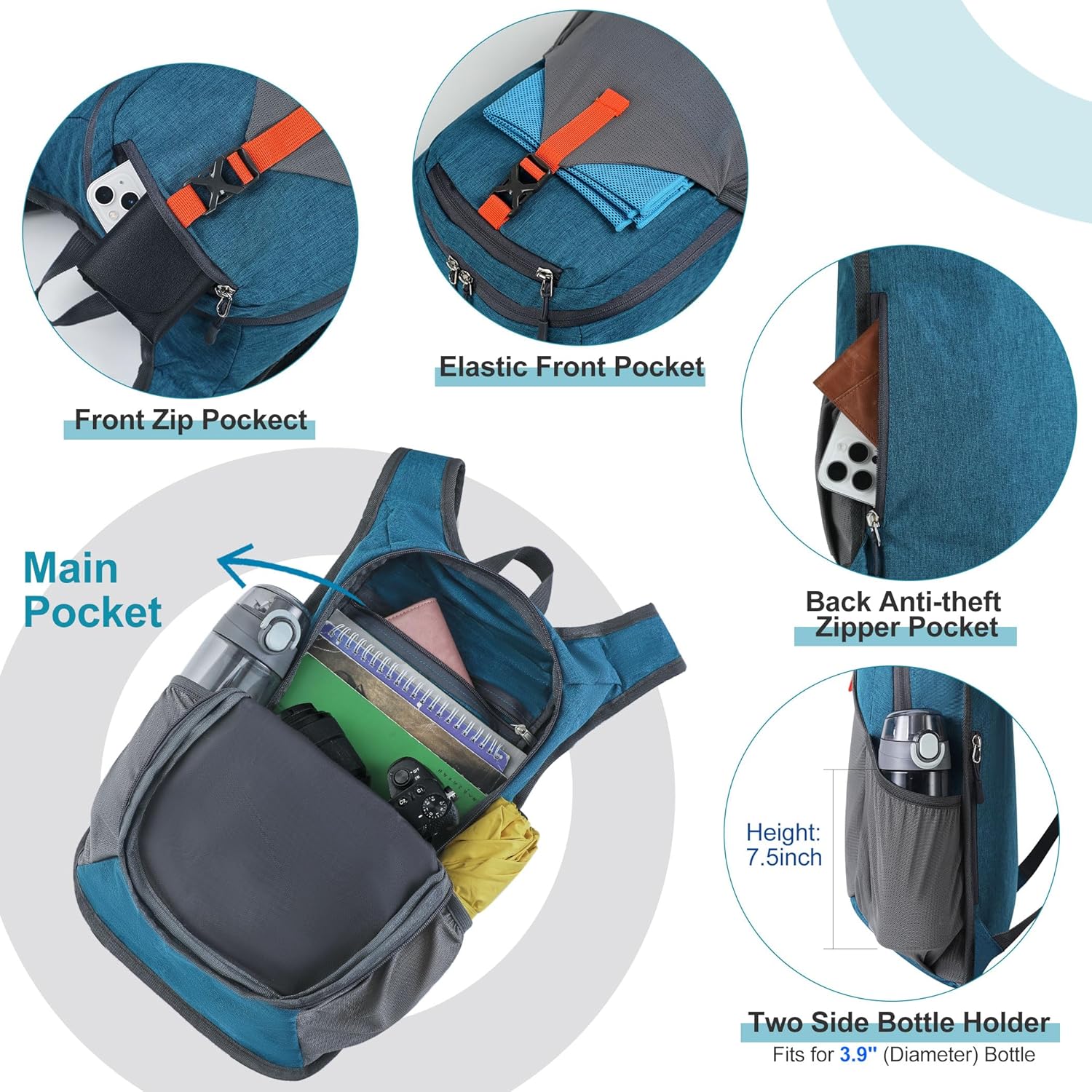 FIORETTO 20L Hiking Backpack for Women Men Mini Packable Backpack Lightweight Small Daypack for Camping Travel Outdoor, Turquoise