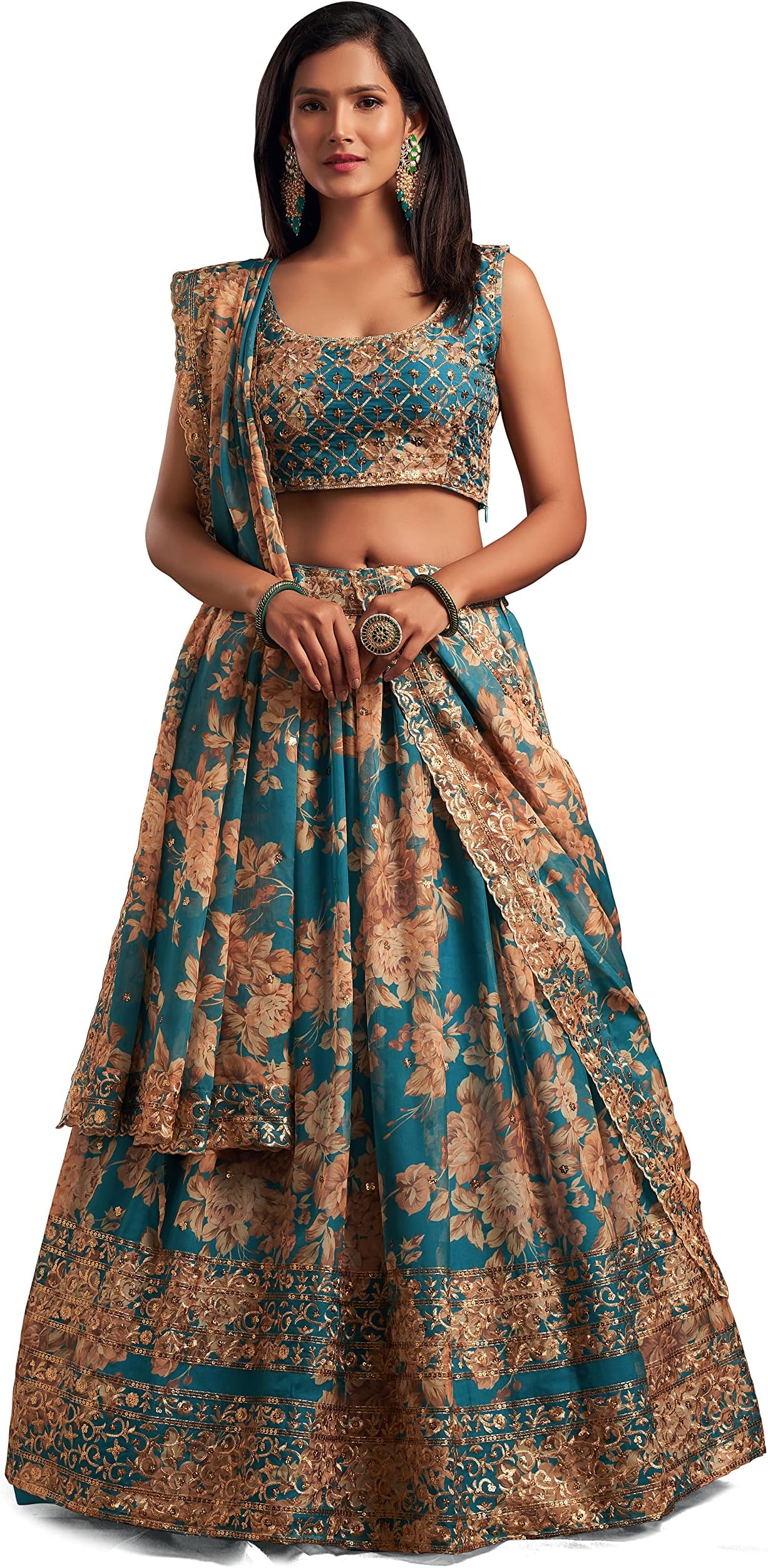Women's Organza Floral White Semi-Stitched Lehenga Choli (7611-Wedding-Floral-Lehenga-Latest, White)
