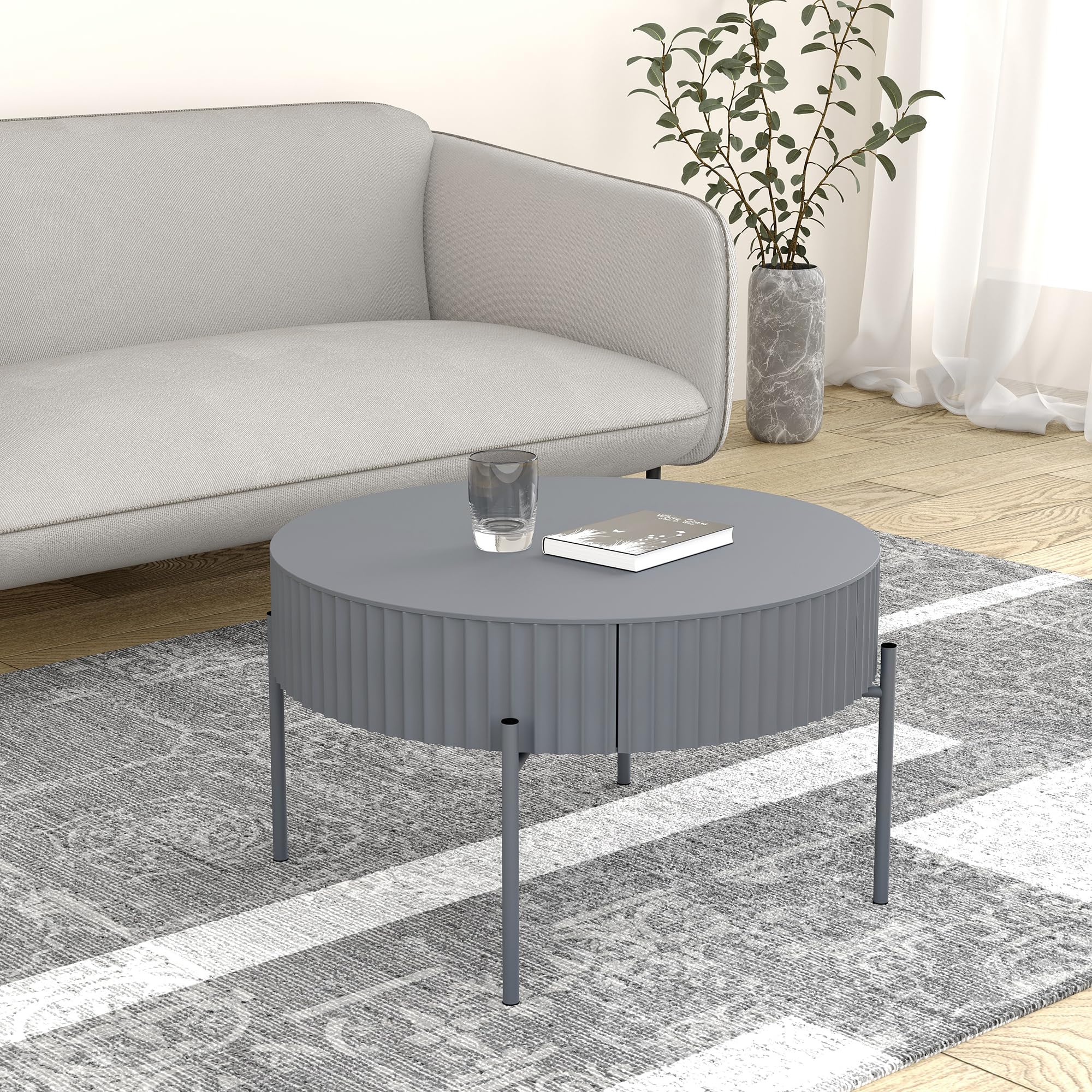 [en.casa] Table Basse de Salon avec Plateau Rond et Tiroir Table d'Appoint Design Élégant Intemporel avec Compartiment de Rangement MDF Métal 36 x 60 cm Gris