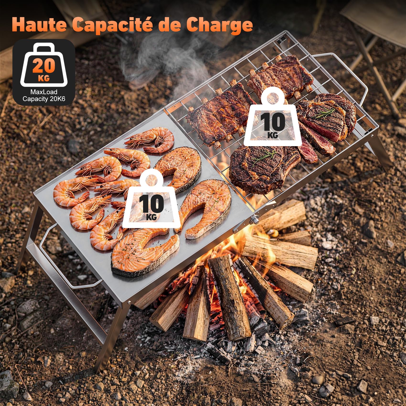 onlyfire Barbecue de Camping Pliable 2-en-1 en Acier Inoxydable | Plancha et Grille pour Feu de Camp, Format Valise, Charge 20 kg, Sans Montage, 60 × 28 × 24 cm