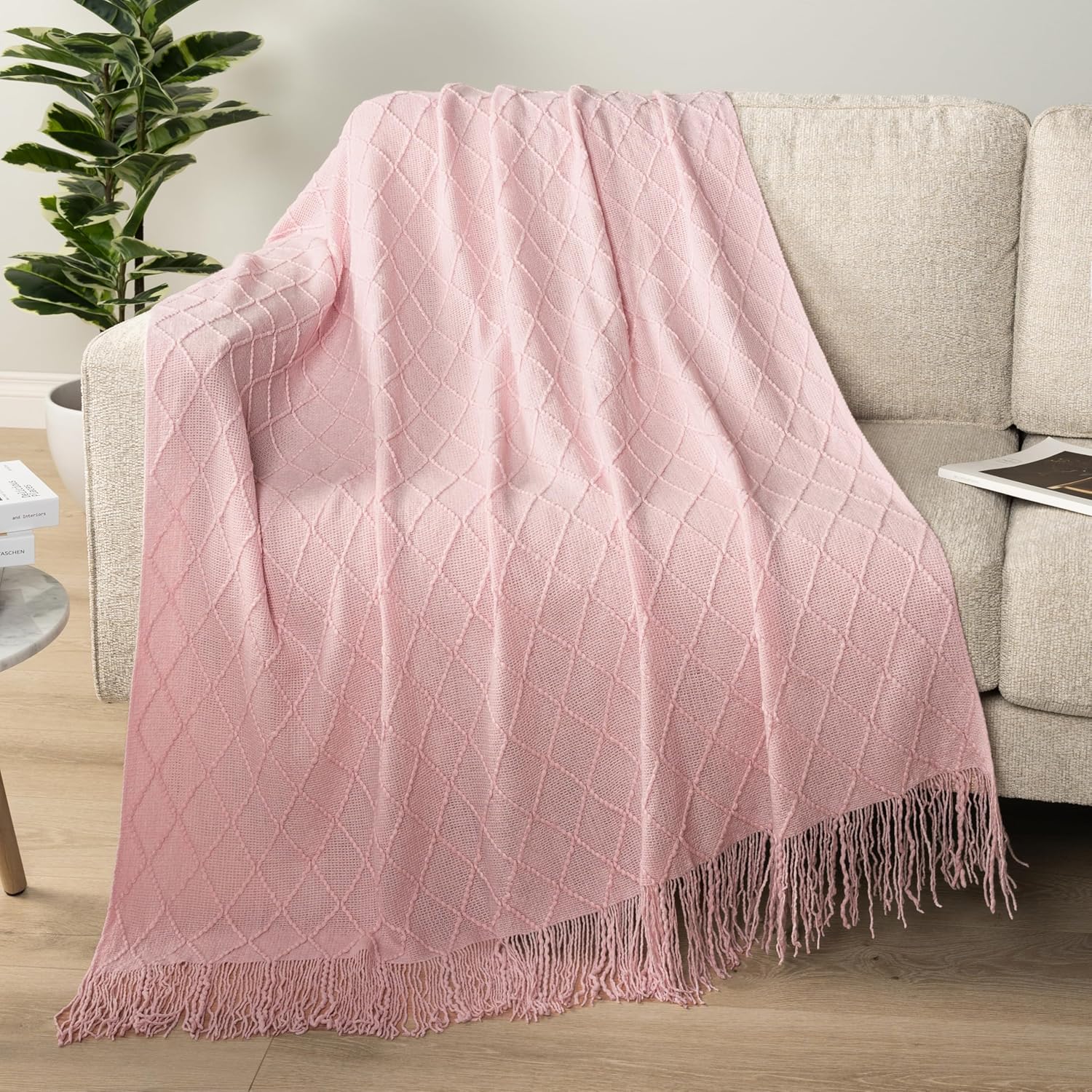 PAVILIA Light Pink Knit Throw Blanket for Couch Bed, Soft Knitted Farmhouse Sofa Throw for Living Room, Lightweight Decorative Summer Throw Blanket for Chair, Outdoor Textured Boho Blanket, 50x60