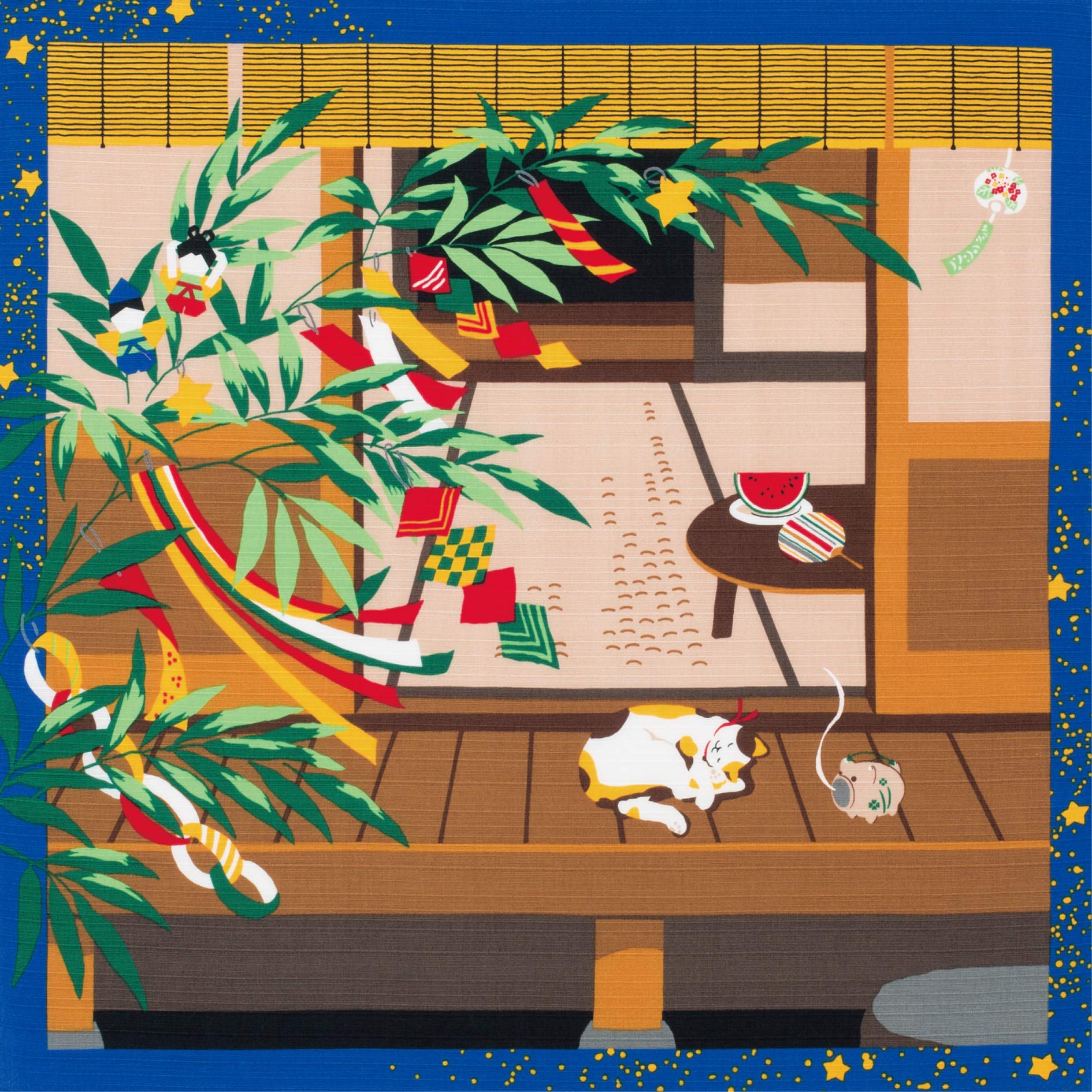 マルゼン(Maruzen) Furoshiki Cat and Tanabata Star Festival Decorations Motif Japanese Fabric 50cm