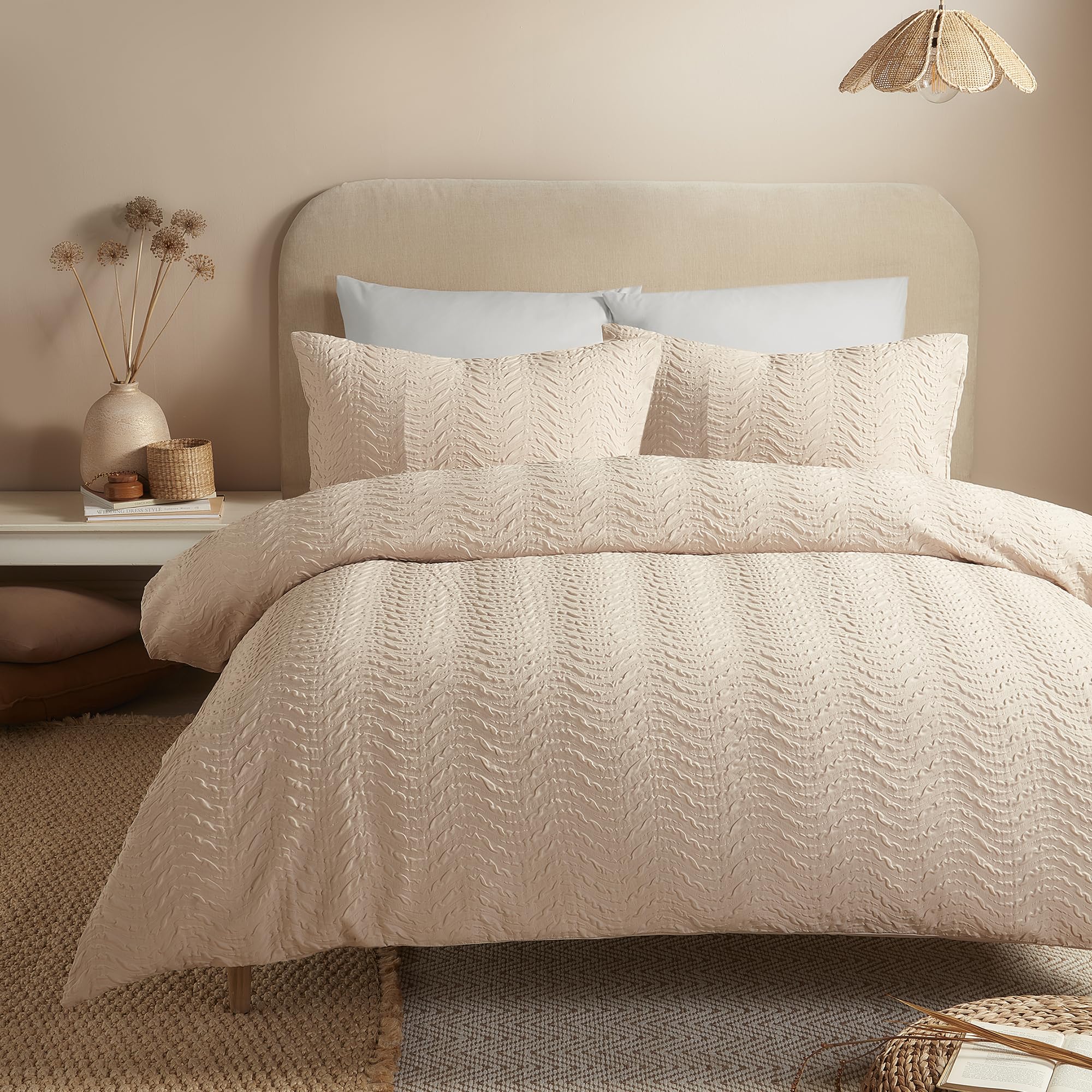 Serene Embossed Curve Duvet Cover Set, 100% Recycled Polyester, Single 140x200cm, Natural, Textured Wave Pattern, Button Closure, Orange