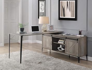 Knocbel Industrial L-Shaped Computer Desk with Sliding Barn Door Storage Cabinet, Home Office Workstation Writing Desk with Metal Legs, 65" L x 65" W x 31" H Gray Oak and Black