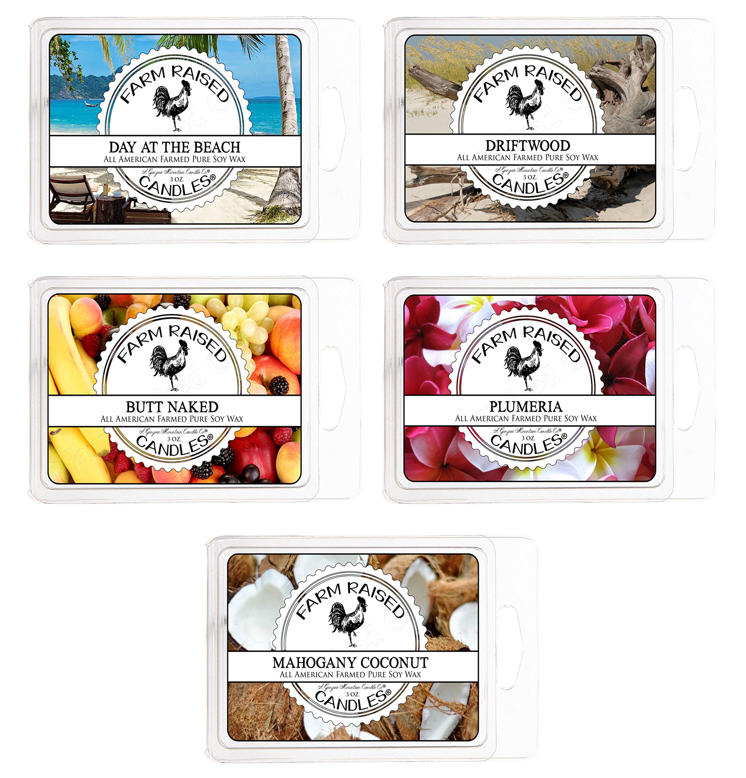Farm Raised CandlesSunny Beach Day Assorted Variety Mix 5 Pack - 100% Plant Based Soy Wax Melts - Scented Warmer Cubes Blended Essential Oils.