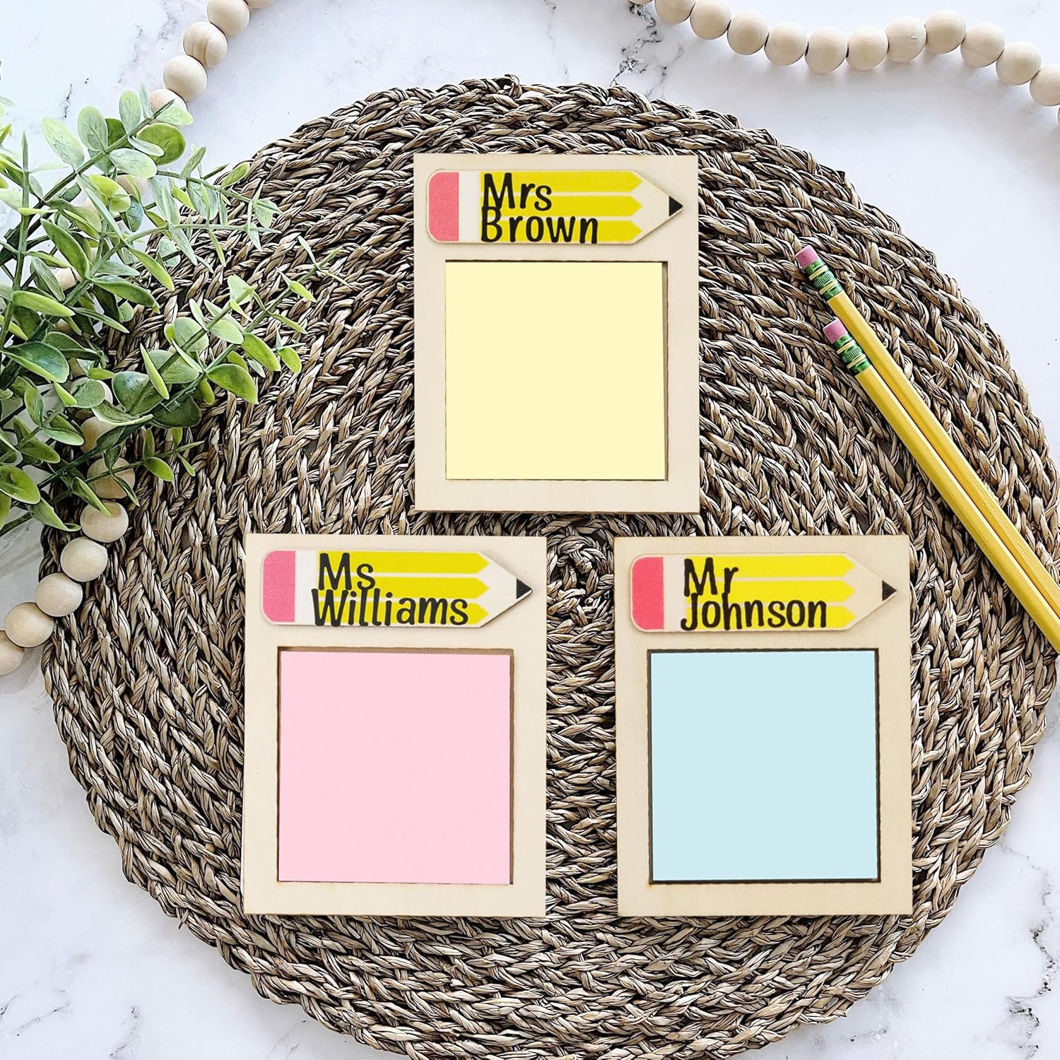 12 PCS Personalized Teacher Appreciation Gifts in Bulk - Valentines Teacher Desk Name Gifts with 4 Sticky Note Pad Holders & 4 Bookmarks & 4 Bamboo Pens & 2 DIY Letter Stickers - Image 3