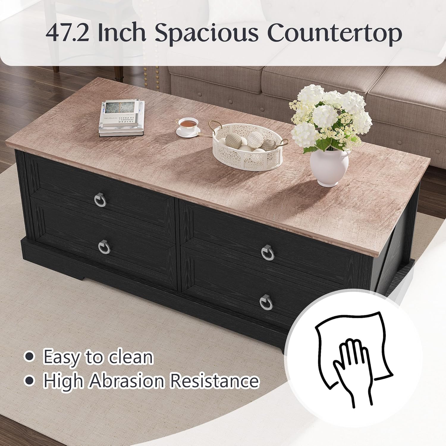 Coffee Table with Storage, 47.2 in Rustic Wooden Center Table with 4 Drawers for Living Room, Easy Assembly Rectangle Home Office Farmhouse Tea Accent Table for Apartment, Oak Black