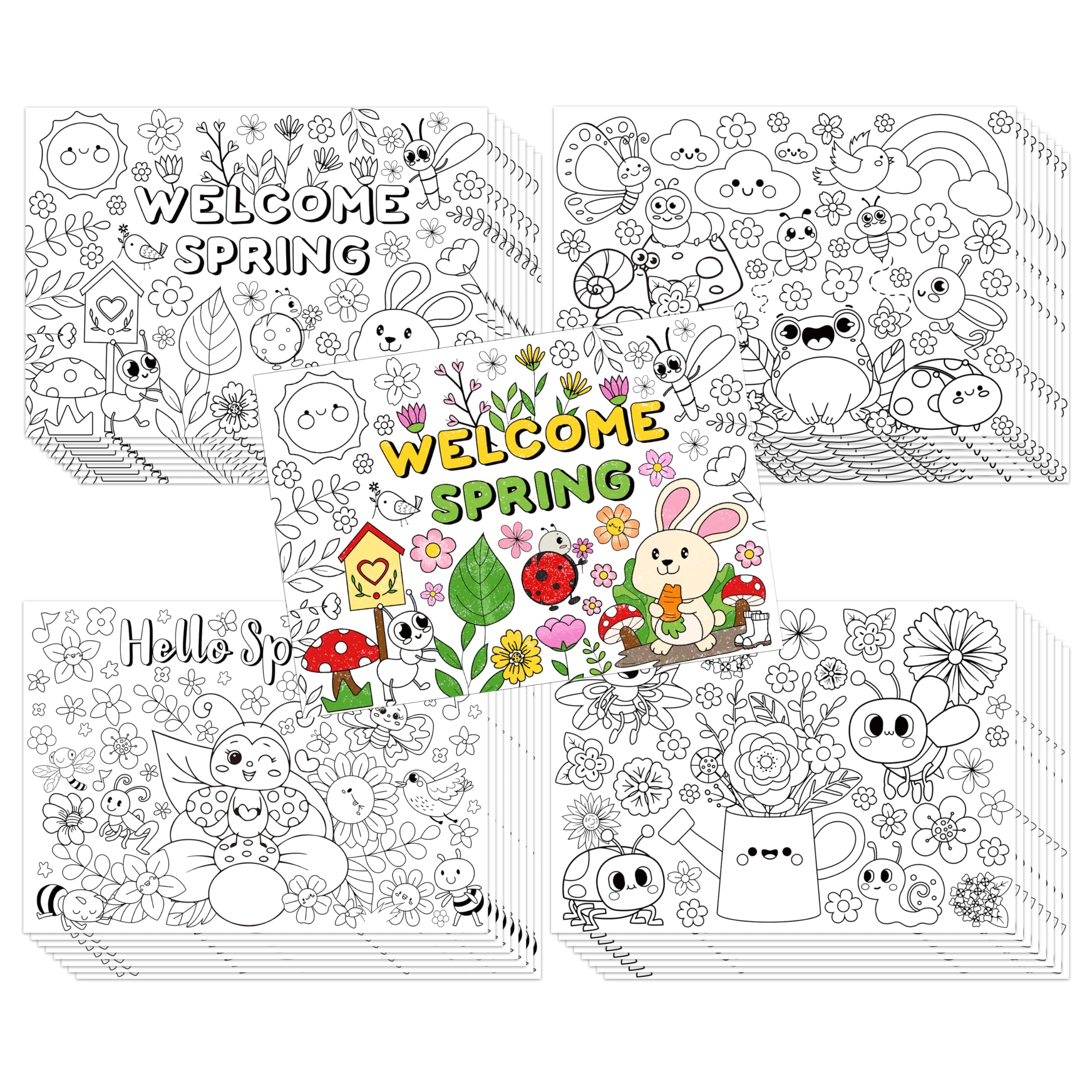 ANGOLIO 32Pcs Spring Scene Coloring Page for Kids Bulk Hello Spring Coloring Book Cute Cartoon Spring Patterns Including Spring Floral Bees Frog Butterfly for School Party Favor Gift Goodie Bag Filler