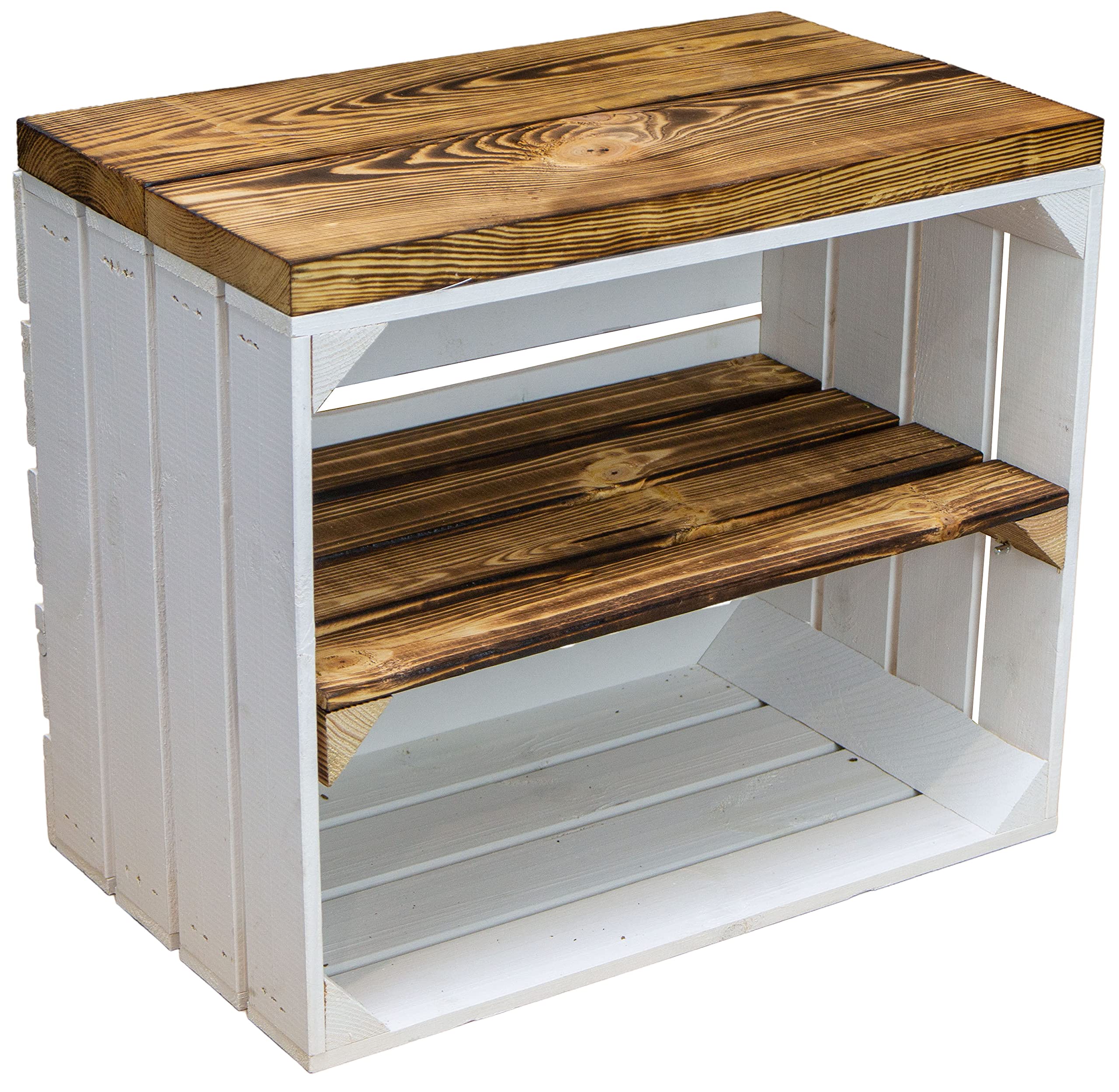 Sitzkiste Johanna Obstkiste und massiven Holzplanken Schuhablage Schuhkommode Hocker Sitzbank Holzbank Regalkiste aus Holz Maße 50 x 30 x 43cm L x T x H (Weiss / geflammt / geflammt)