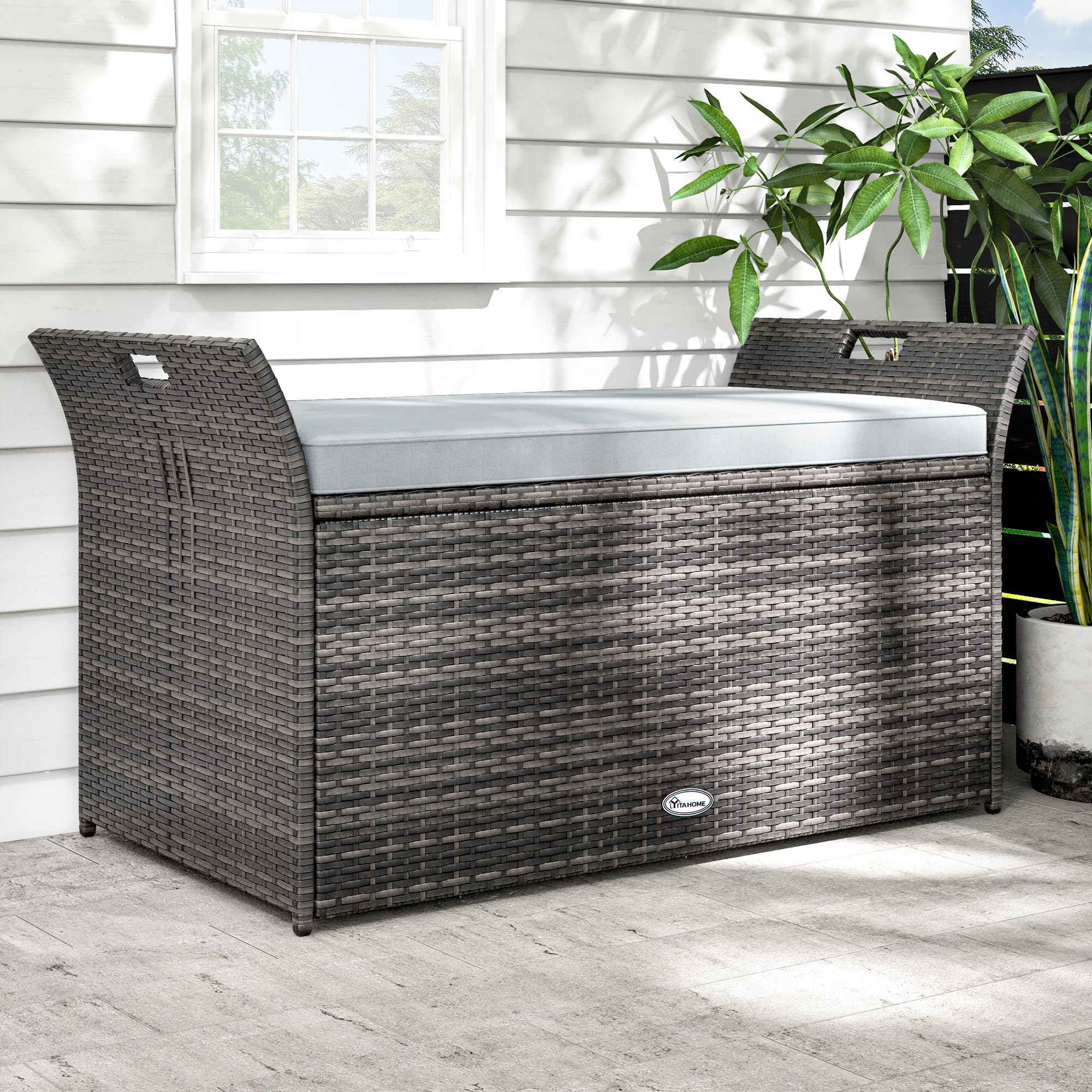 YITAHOME 90 Gallon Outdoor Wicker Storage Bench w/Cushion, Large PE Rattan Deck Storage Box w/Handles & Hydraulics for Patio Furniture, Cushions, Garden Tools, Pool & Sports Equipment, Grey