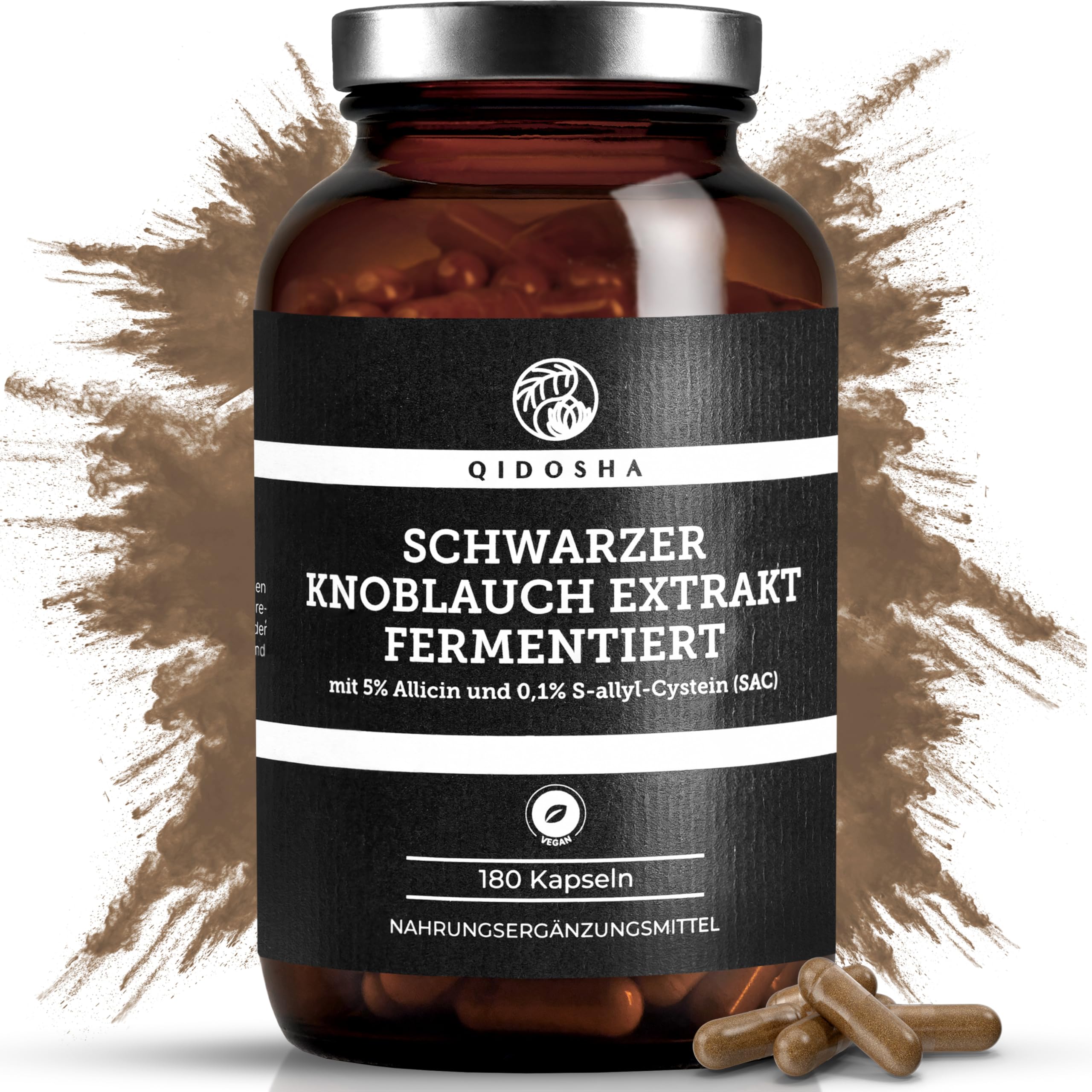 QIDOSHA® Schwarzer Knoblauch Extrakt hochdosiert, 180 Kapseln im Apothekerglas, 600mg je Kapsel, darunter 0,6 mg S-Allyl-Cystein (SAC), deutsche Fertigung, jede Charge laborgeprüft
