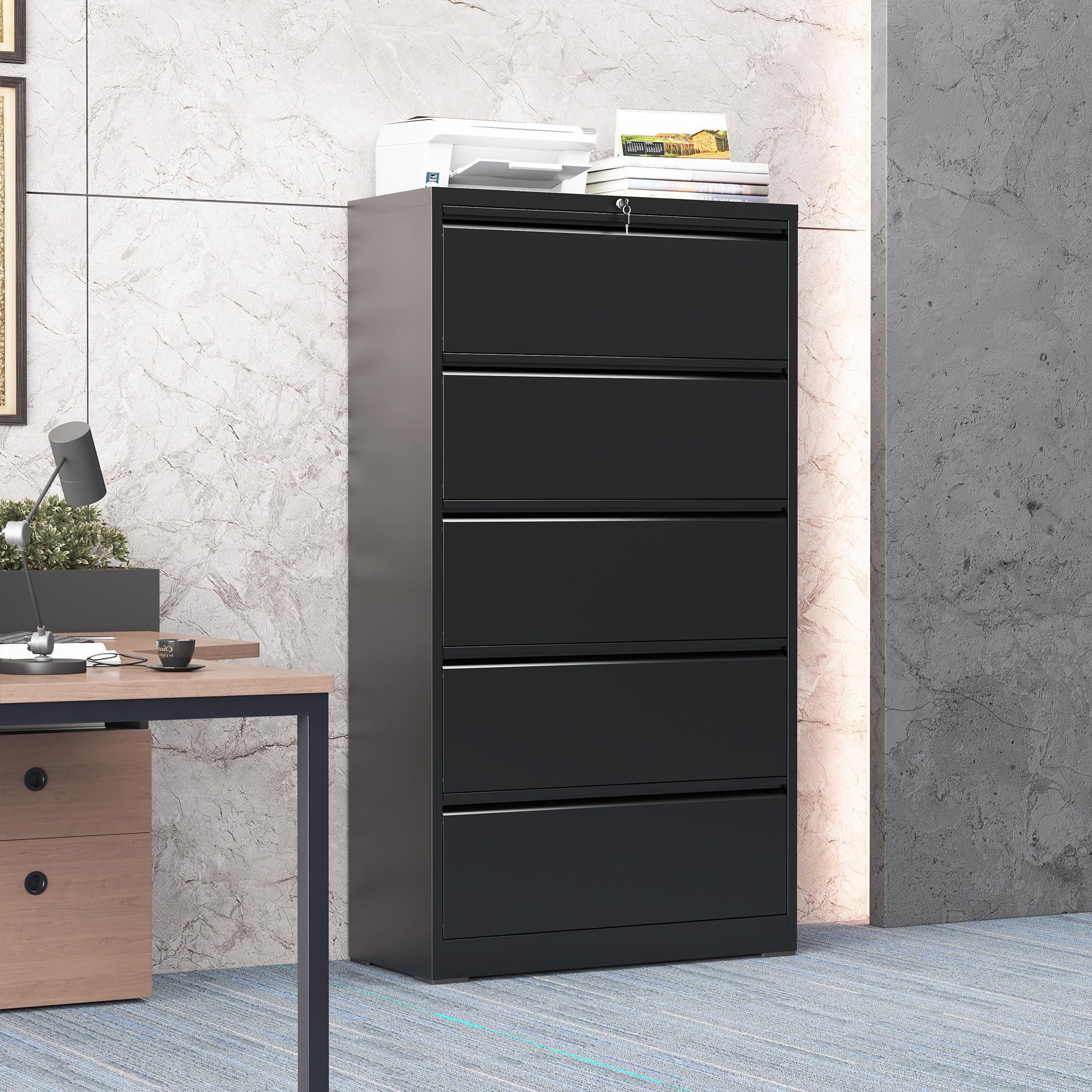 5 drawer lateral file cabinet with lock, metal file cabinets for home office, steel heavy-duty filing storage cabinet for letters/legal/a4 (requires assembly, black)