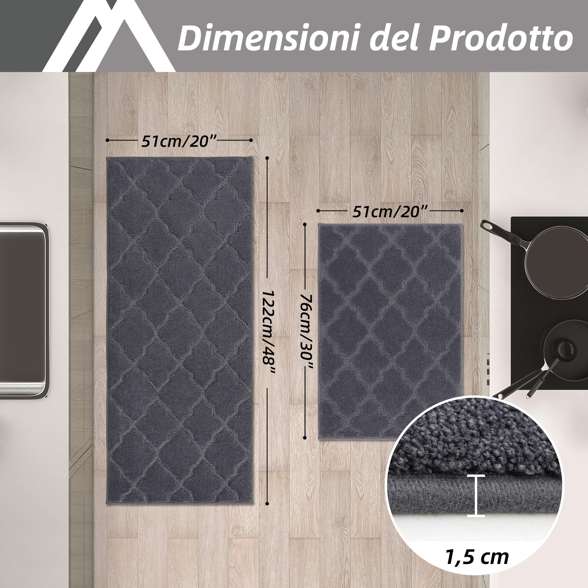 COSY HOMEER tappeto cucina antiscivolo lavabile 2 pezzi, tappeti cucina di facile manutenzione, passatoia cucina tappeti runner per cucina, 51 x 76 cm + 51 x 122cm, grigio scuro