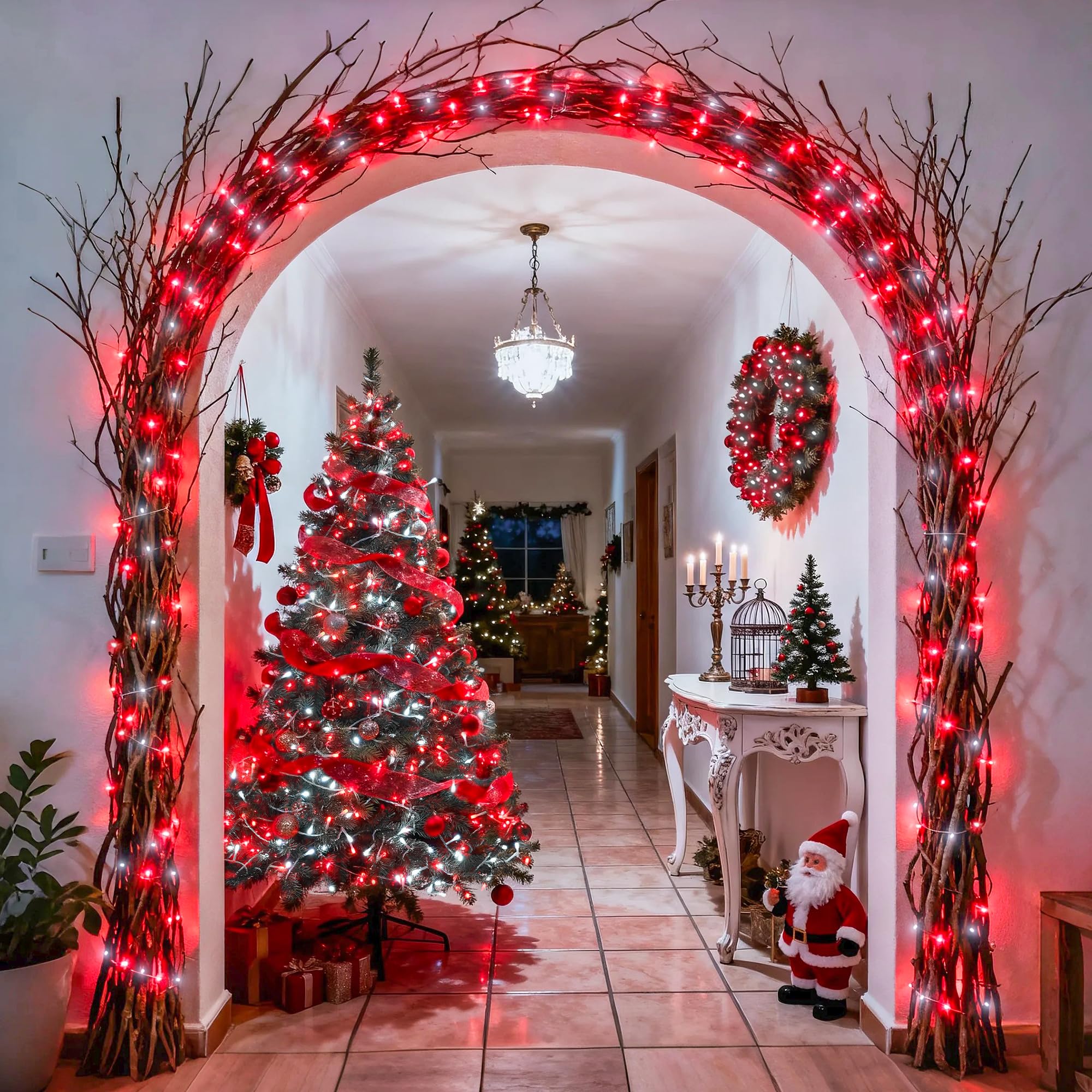 JMEXSUSS Confezione da 2 luci rosse e bianche a batteria, ogni 10 m 100 LED alimentate a batteria con telecomando per feste esterne di compleanno