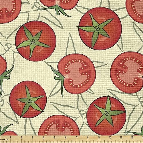 Miniatura 1 de Ambesonne Vegan Fabric by The Yard, Whole and Half Tomatoes on Pale Yellow Green Leaves Salad Ingredient, Microfiber Fabric for Arts and Crafts
