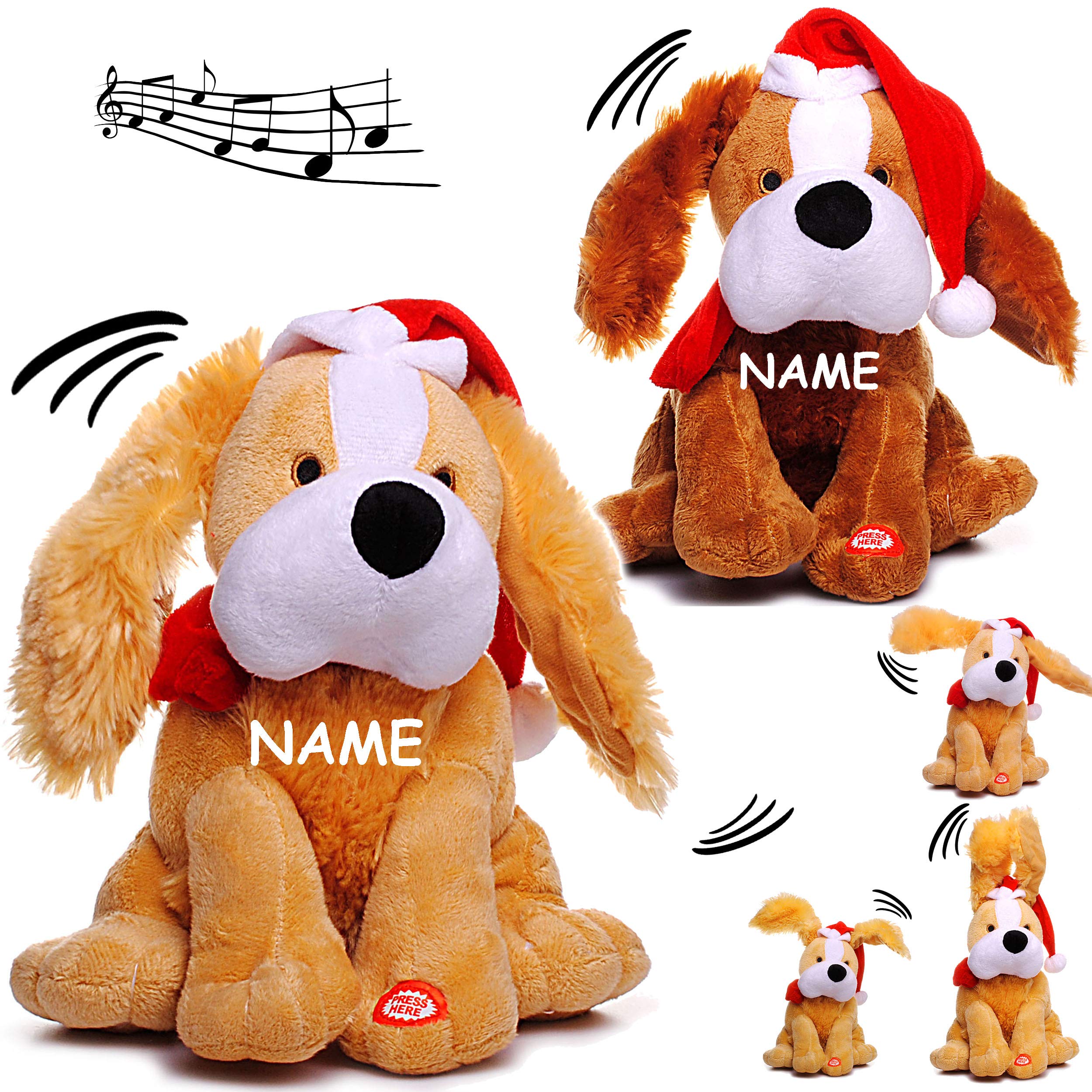 alles-meine.de GmbH 2 Stück XL - singende & tanzende - Hunde - Jingle Bells - Plüschtier mit Sound & Bewegung - 26 cm - aus Stoff/Plüsch - Weihnachtsmann/Weihnachtshund/W..