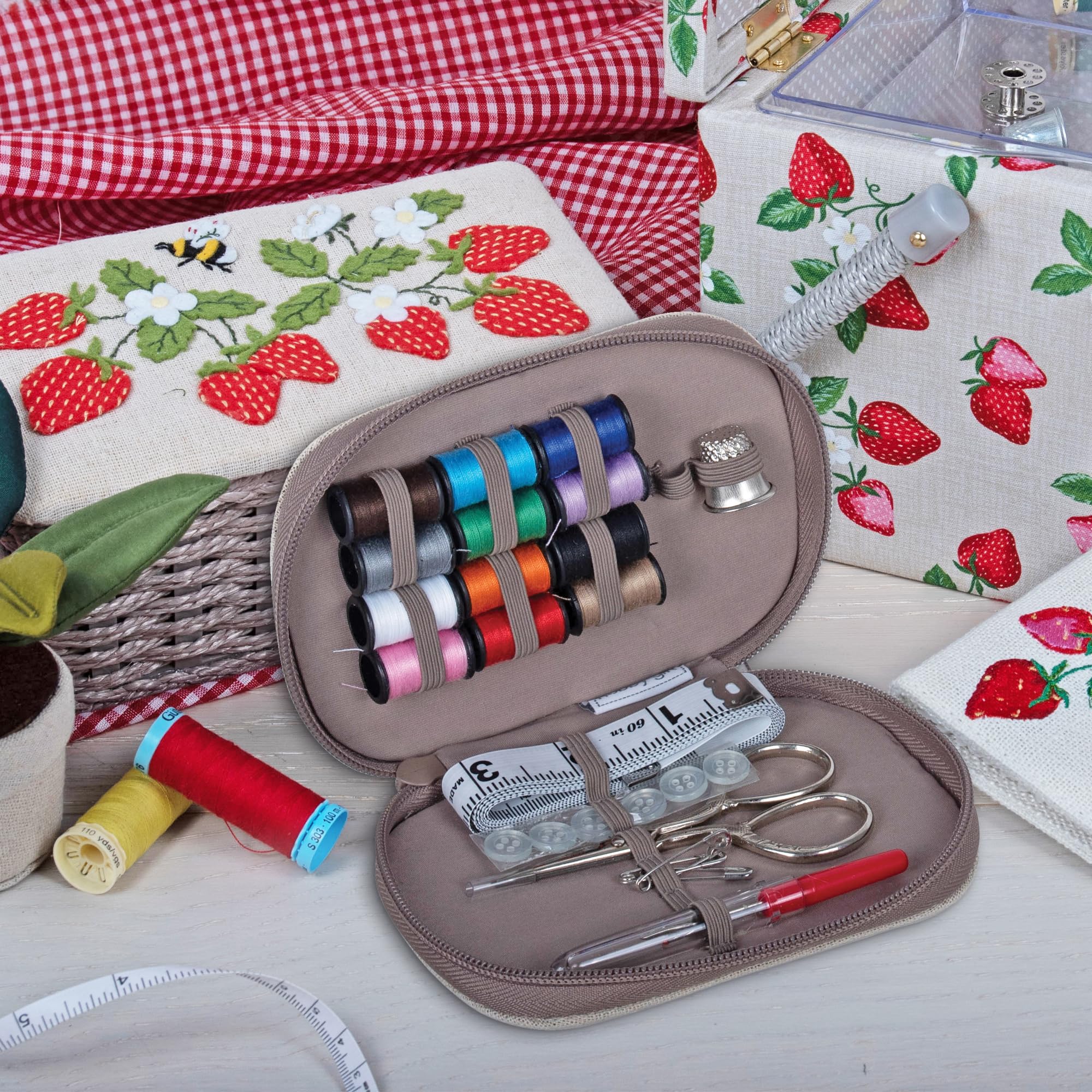 Hobby Gift Filled Sewing Kit - Zipped Travel Sewing Kit - 2.5 X 14 X 9cm Natural Strawberries
