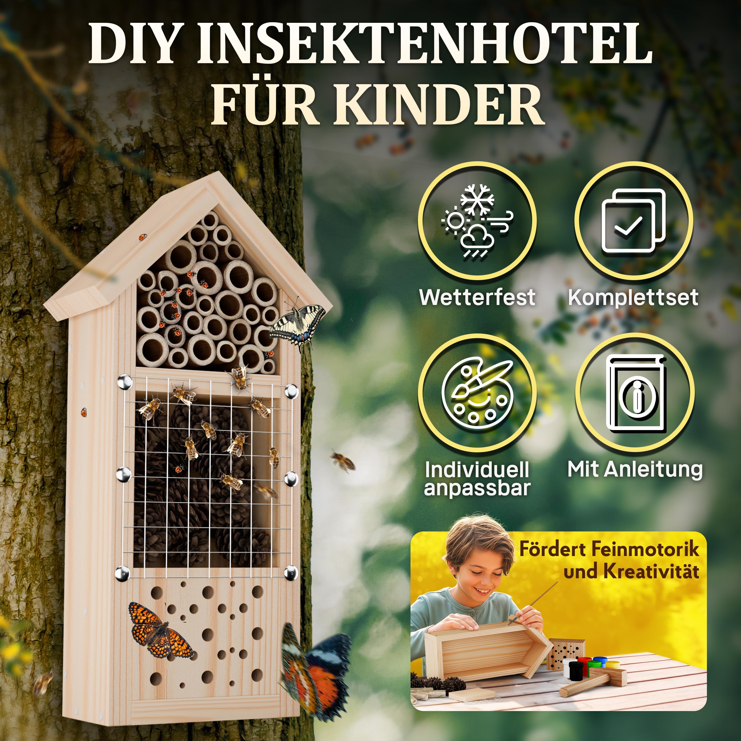 Eli® Insektenhotel Bausatz für Kinder aus Kiefernholz zum Bemalen – inkl 6 Farben - Pinsel - Hammer - Nägel - Schablonen & Vorlagen – DIY Bienenhaus & Wildbienenhotel für Garten & Balkon