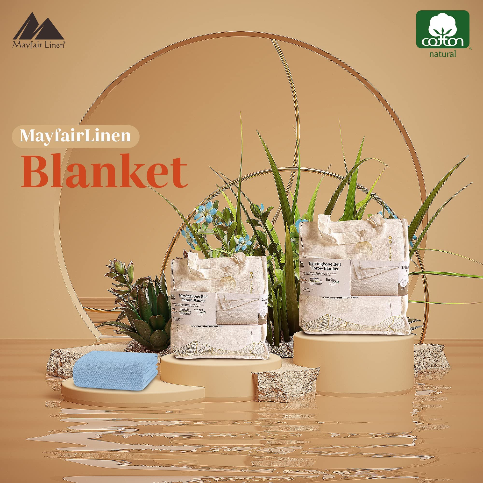 Mayfair Linen 100% Pure Cotton, Luxury Twin/Twin XL Size Light Blue Blanket - Herringbone Pattern, Soft &Cozy Premium Fall Throw Blanket for All Seasons, 350GSM & 68x92 with Free Tote Bag.