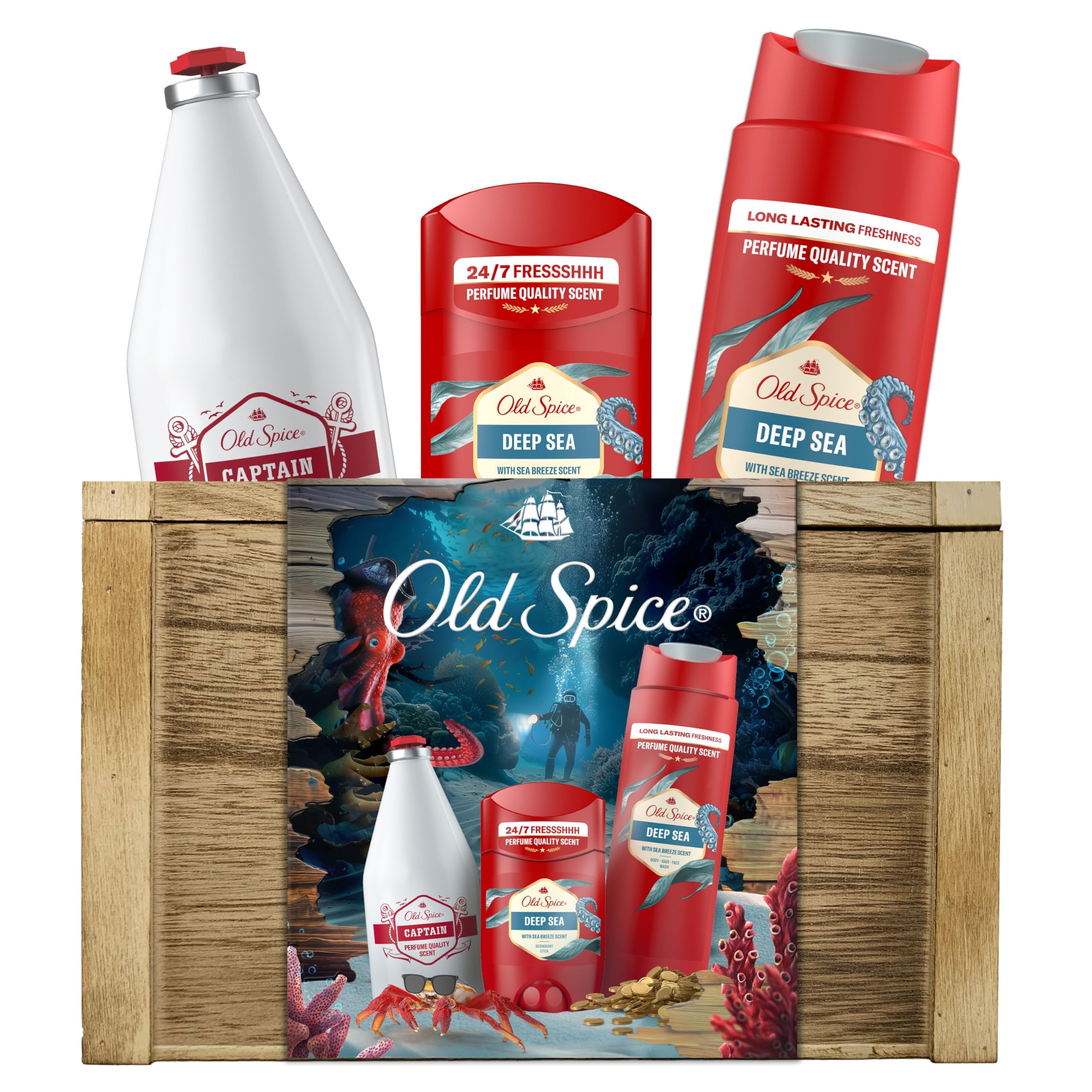 Old Spice Treasure Chest Gift Set for Men with Deep Sea Deodorant Stick, Shower Gel and Captain Aftershave Lotion