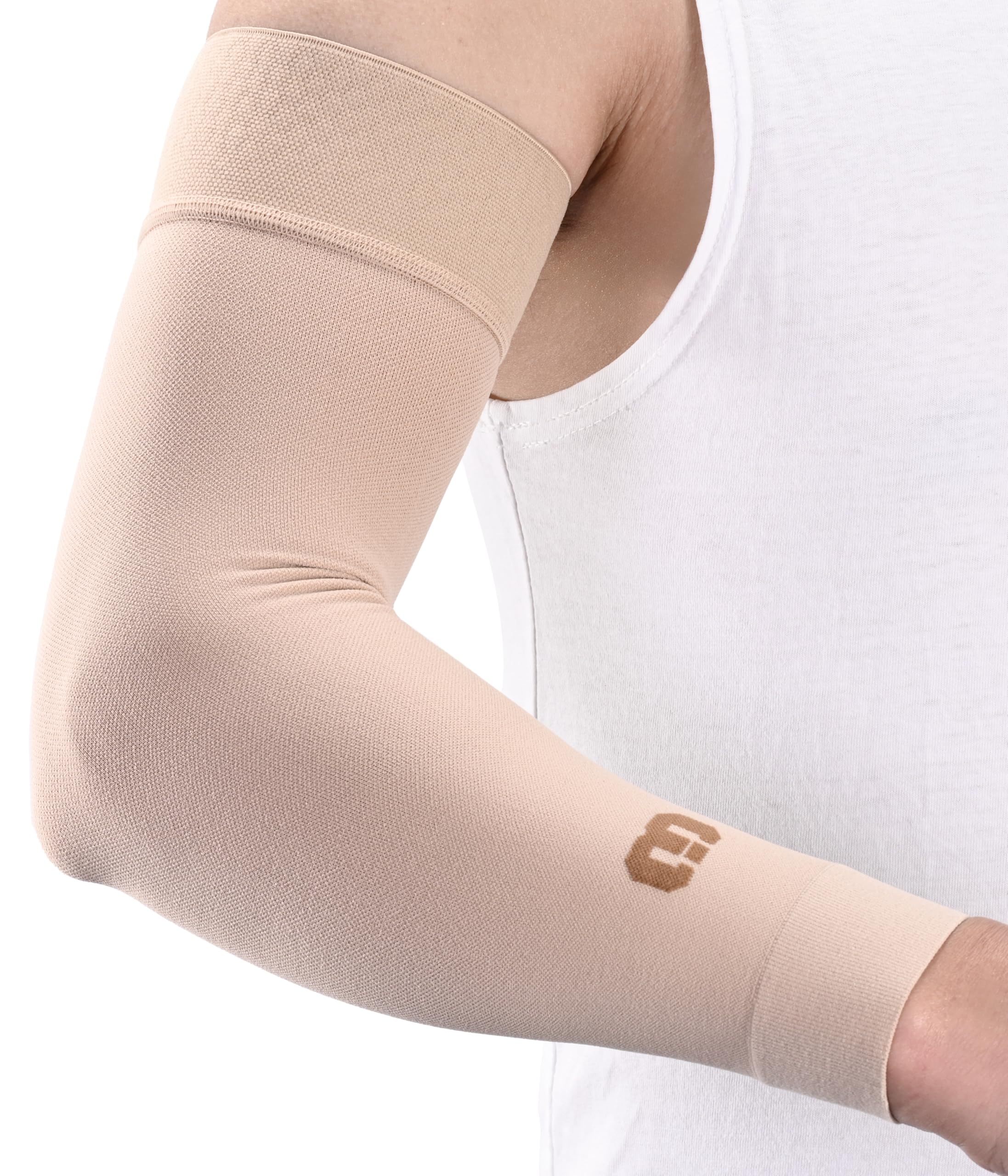 MGANG Lymphedema Compression Arm Sleeve for Women Men, Opaque, 15-20 mmHg Compression Full Arm Support with Silicone Band, Relieve Swelling, Edema, Post Surgery Recovery, Single Beige M