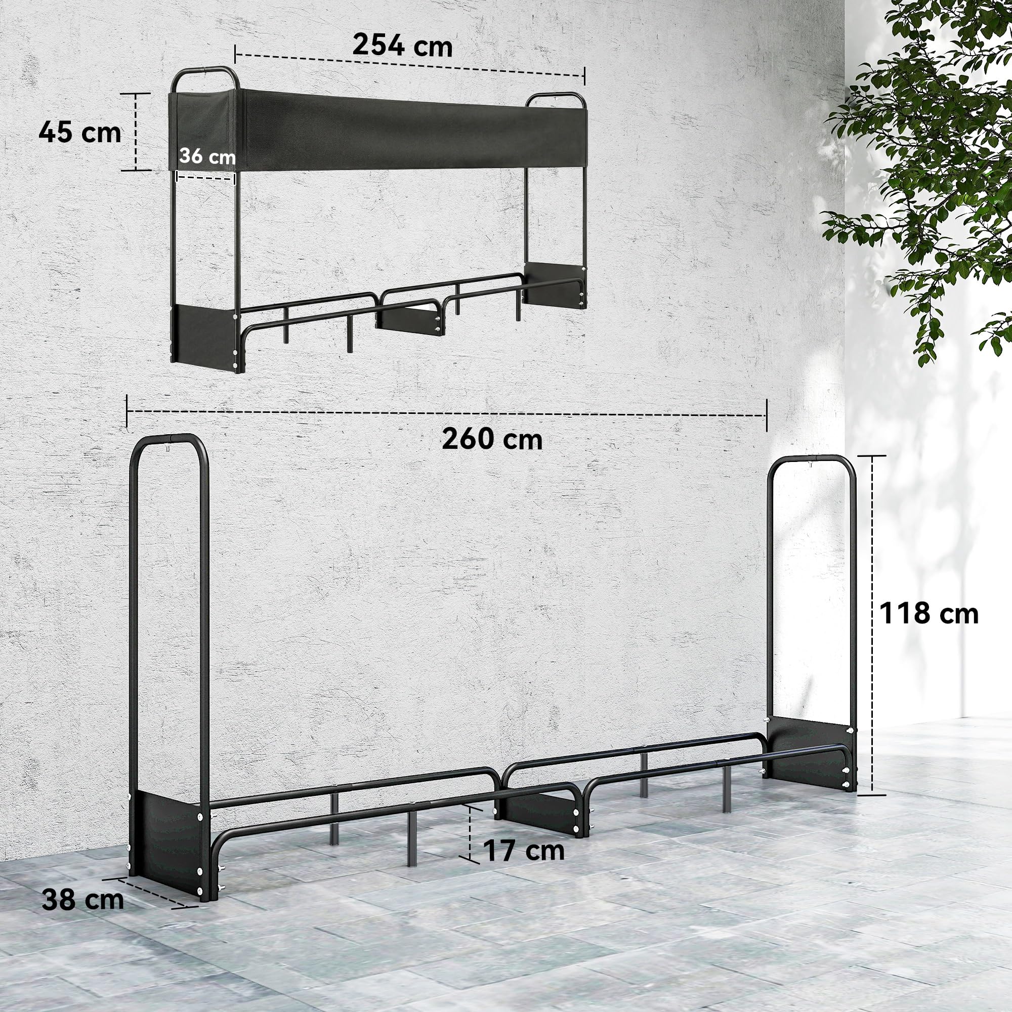 Outsunny Kaminholzaufbewahrung für den Außenbereich, 260 x 38 x 118 cm, Kaminholzschuppen mit wasserdichter Abdeckung 600D Oxford, Traglast 300 kg, Kaminholzständer, ideal für Holzaufbewahrung im
