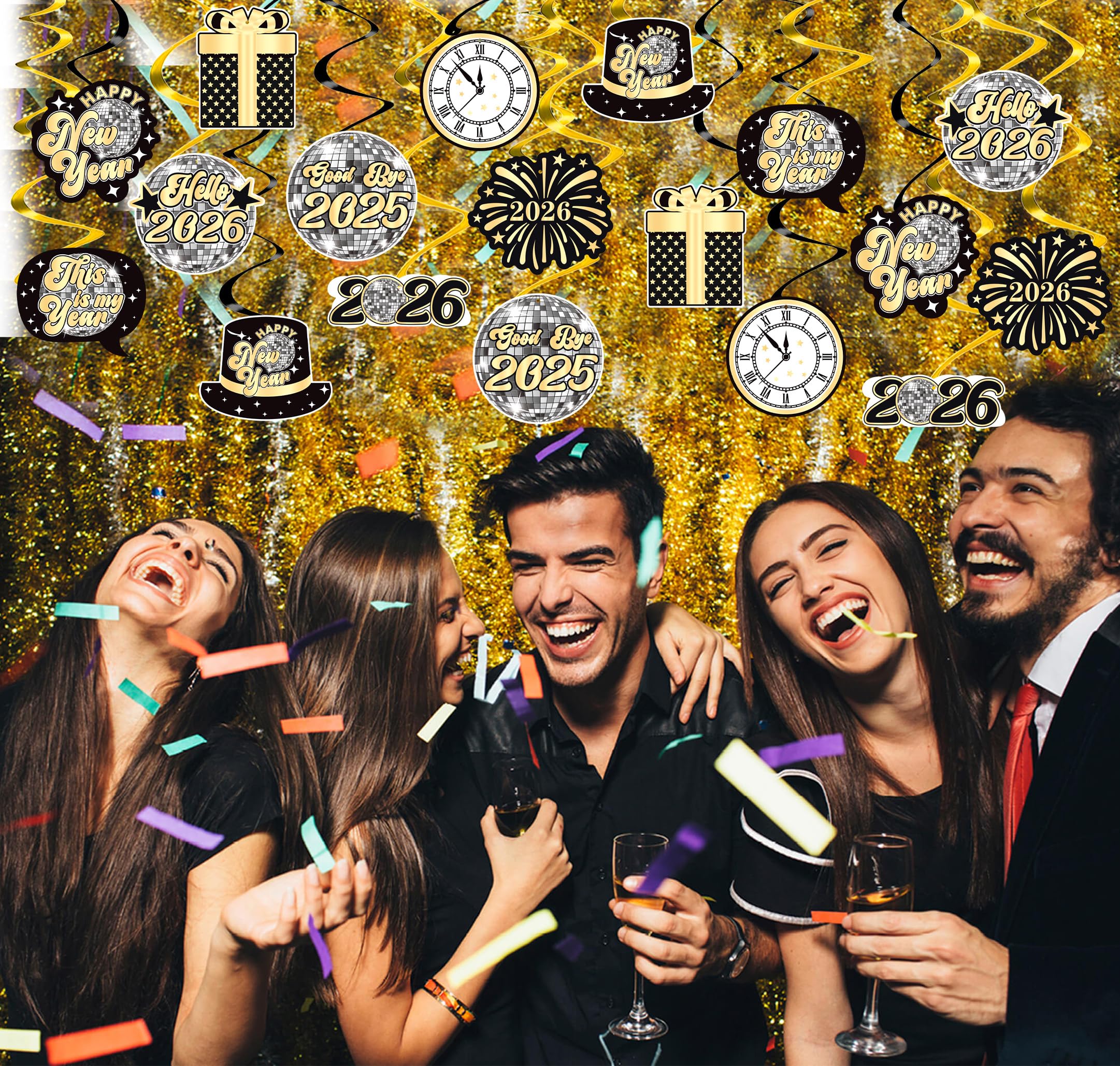 YQUQWN, 42 Stück Disco Happy New Year Hängende Wirbel Dekorationen 2024, kein DIY, Disco-Party-Dekorationen, Happy New Year Dekorationen 2024, Silvester Dekorationen 2024, Silvester Dekorationen 2024