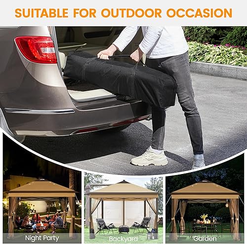 Miniatura 6 de Yaheetech Carpa instantánea desplegable de 11 x 11 pies con 17 luces LED solares y red de malla con cremallera, refugio al aire libre con sacos